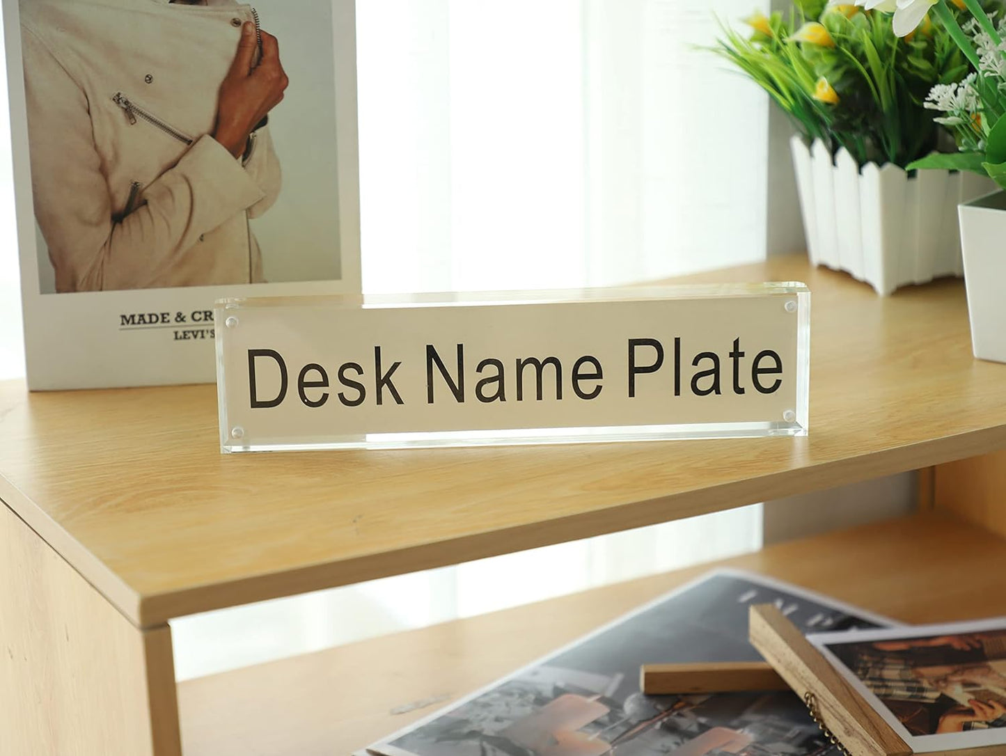 IEEK Acrylic Desk Name Plate, Clear Acrylic Block Nameplate Double Sided Holder, DIY Personalized Name, 2.5x10 Inch