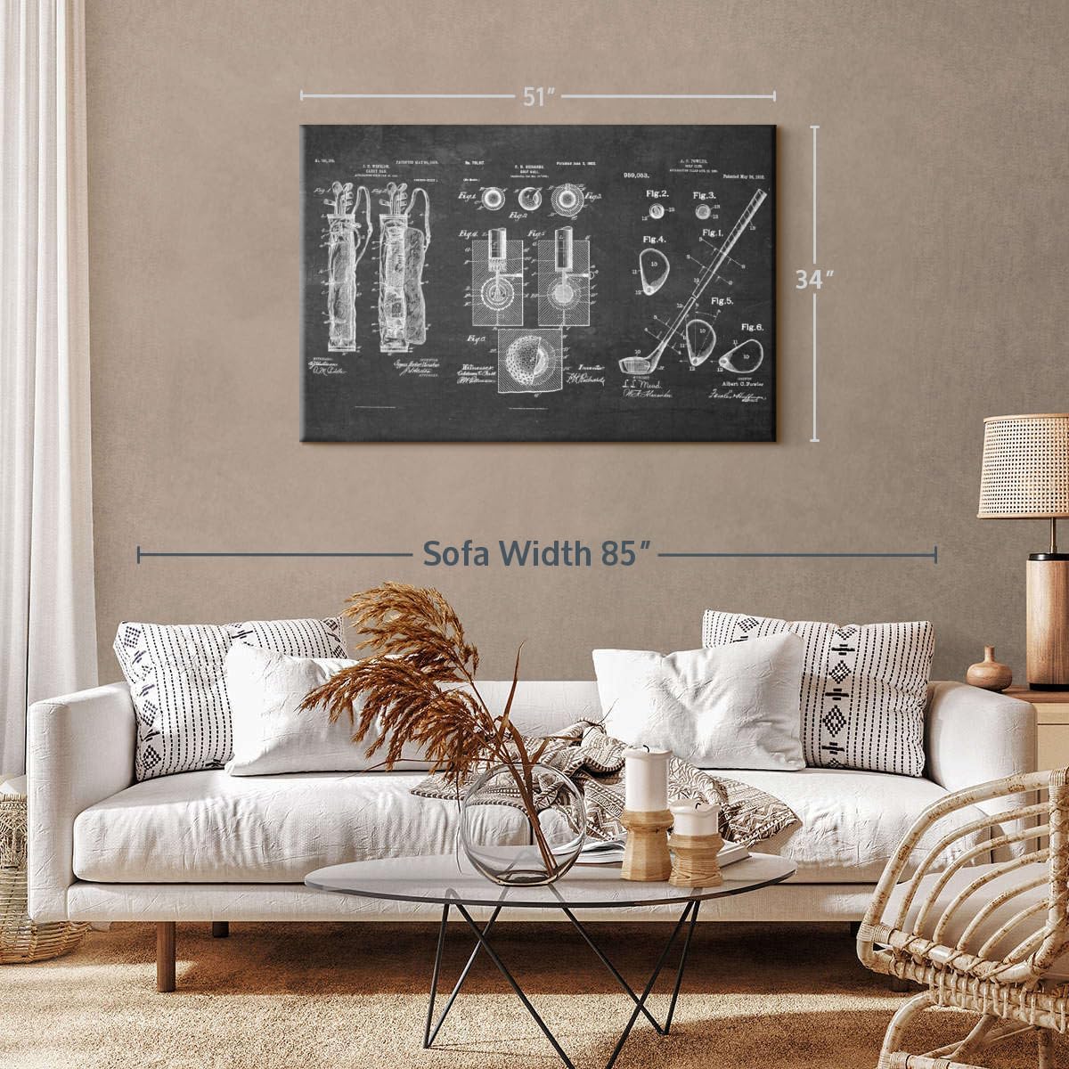 ElephantStock Golf Patents Canvas - 1 Panel Sports Patent Wall Art Decor - Sports Decorations for Boys Room - Wall Art and Office Decor - 51" X 34"