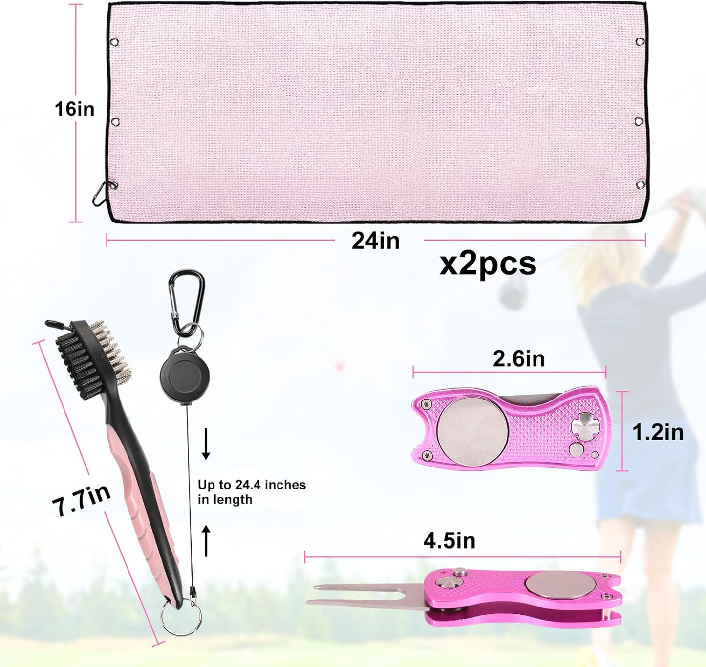 Aulock Golf Towel and Brush Set, Microfiber Towels for Golf Bags, Women Cleaning Kit with Ball Marker Golf Divot Tool Brush, Pink