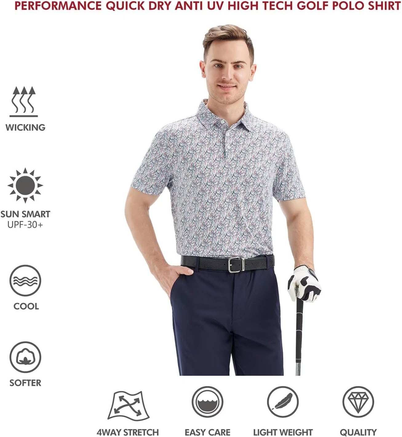 Golf Shirts for Men Dry Fit Short Sleeve Print Performance Moisture Wicking Polo Shirt