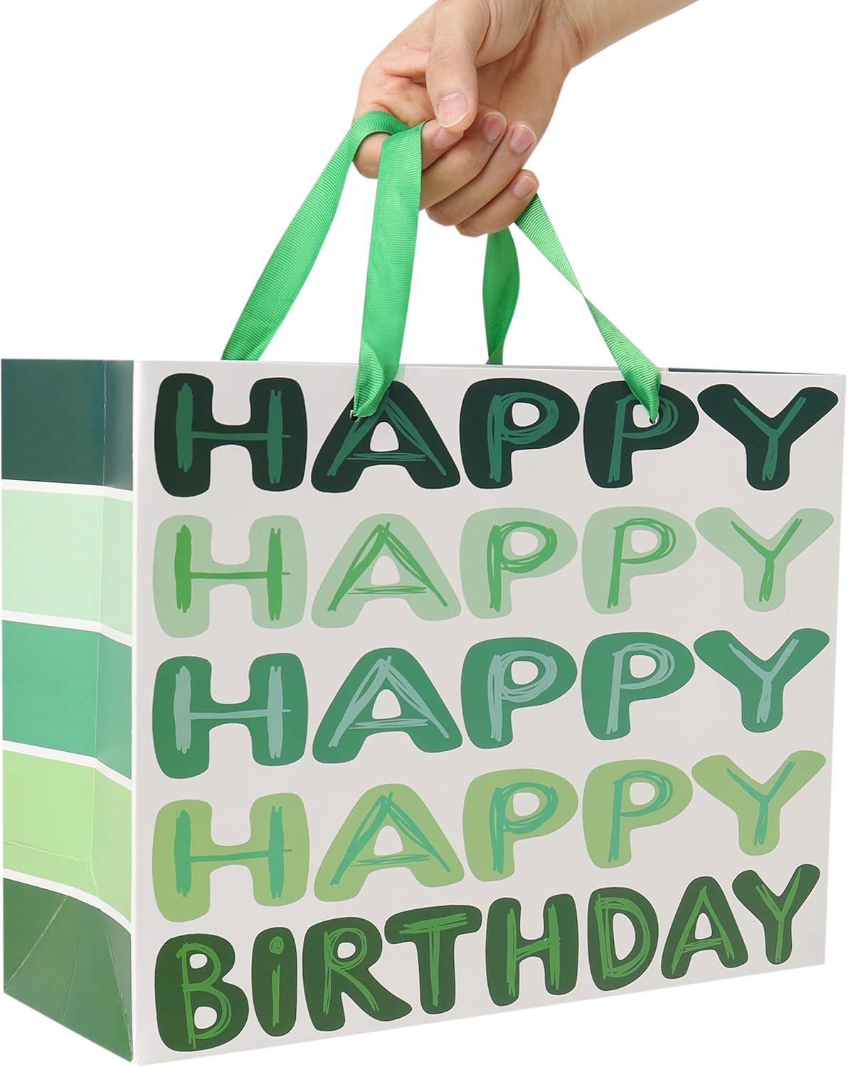 13'' Large Green Happy Birthday Gift Bag Set with Handles, Greeting Card, Tissue Papers and Stickers for Women Girls Men Boys Kids Teens, Words Design, 1 Pcs