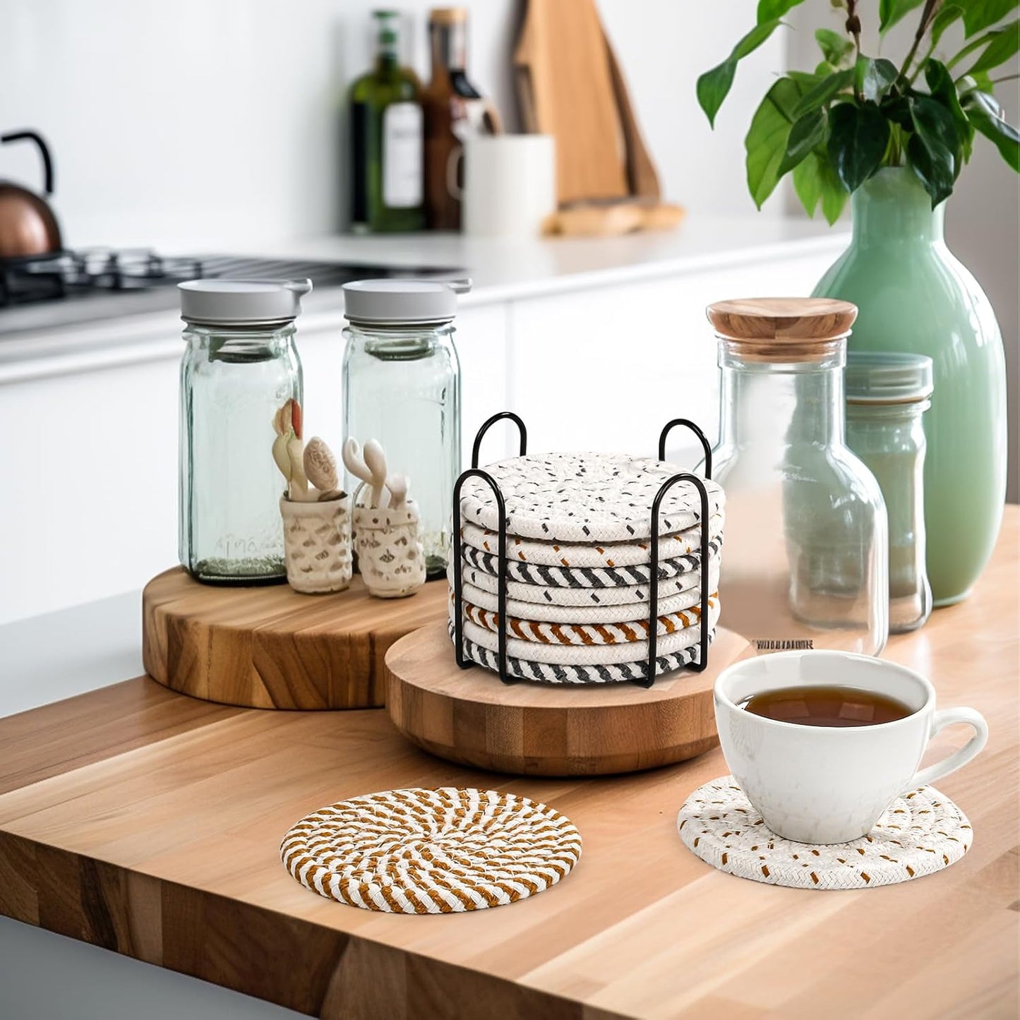 Mckanti 10 Pcs Drink Coasters with Holder, 5 Colors Absorbent Coasters for Drinks, Minimalist Boho Coasters Cotton Woven Coaster Set for Home Decor Tabletop Protection Suitable for Kinds of Cups