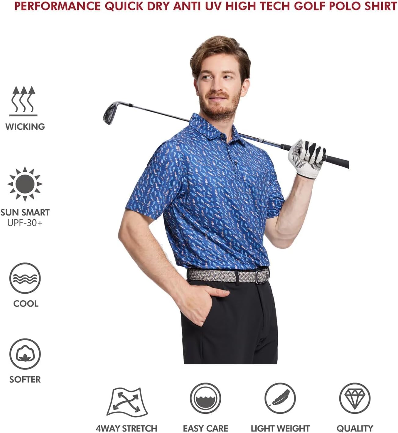 Golf Shirts for Men Dry Fit Short Sleeve Print Performance Moisture Wicking Polo Shirt
