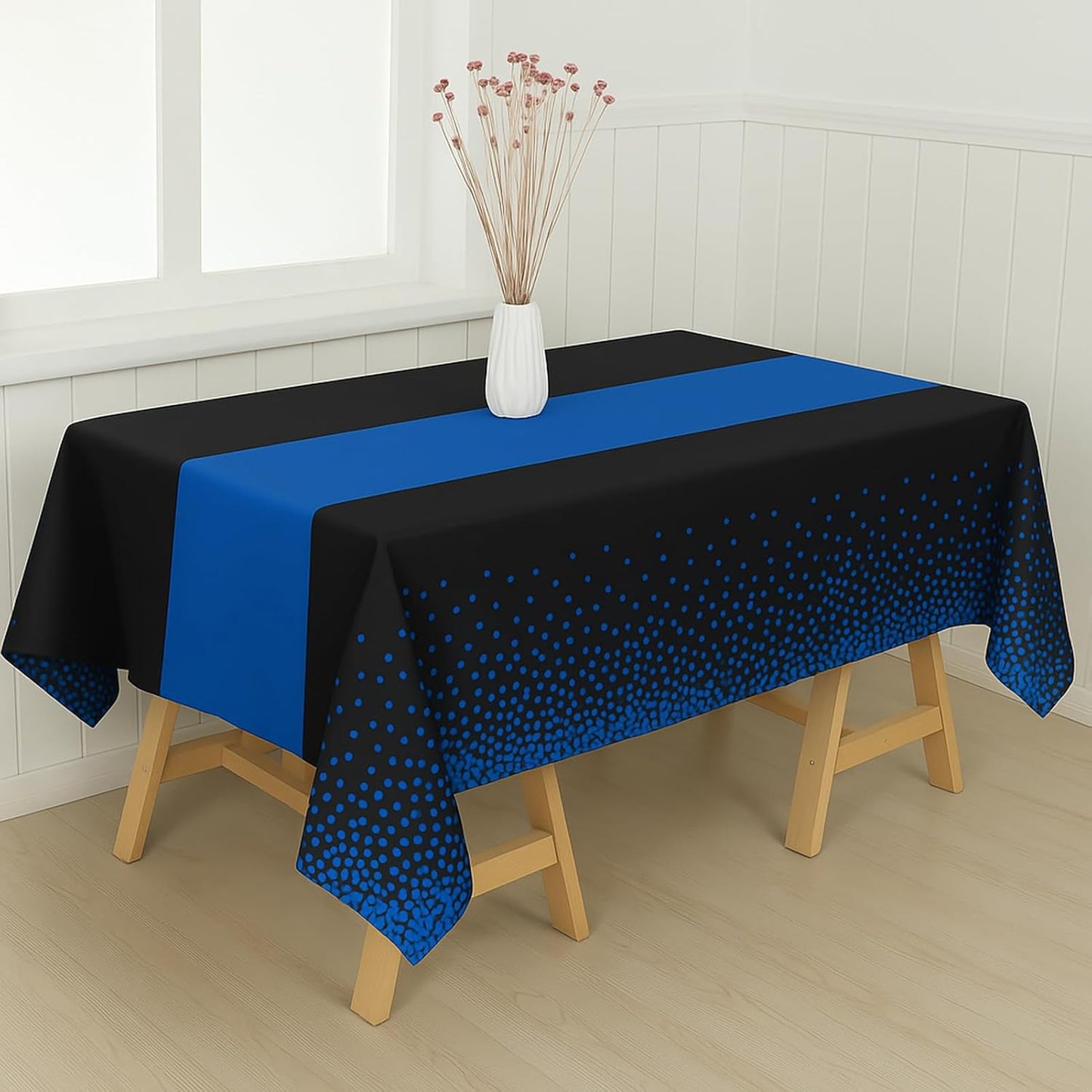 2in1 Disposable Plastic Tablecloths 54" x 108" Black and Blue Dot Kitchen Table Cloth Rectangle Table Cover for Wedding Birthday Baby Shower Anniversary Christmas Graduation (Black/Blue, 8 Pack)