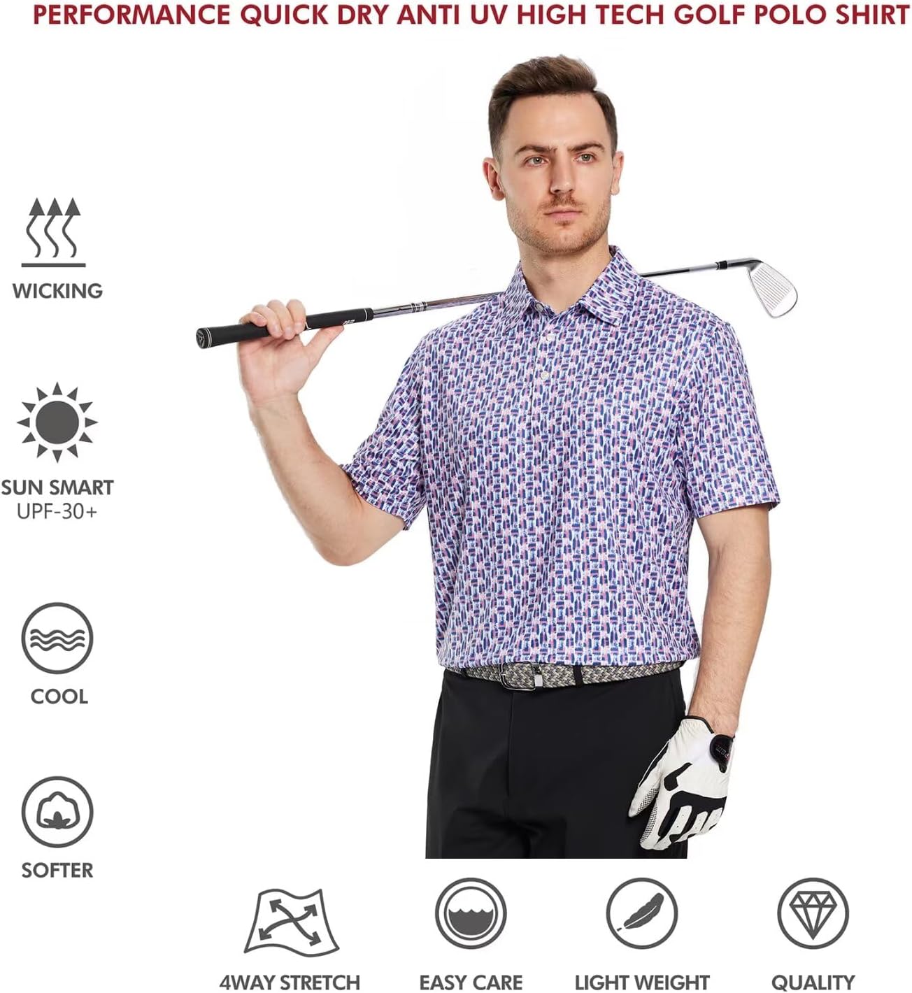 Golf Shirts for Men Dry Fit Short Sleeve Print Performance Moisture Wicking Polo Shirt