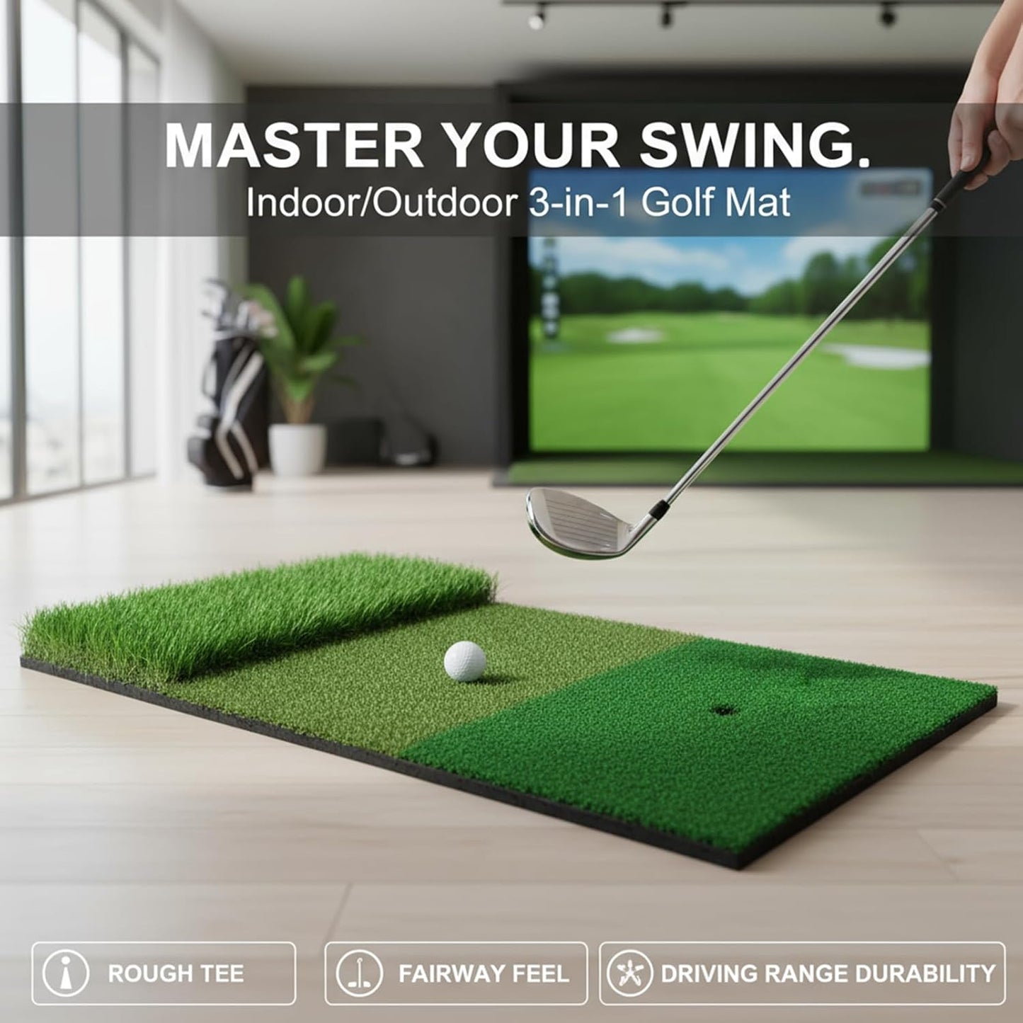 3-in-1 Golf Chipping Mat – Tri-Turf Golf Practice Mat for Indoor & Outdoor Use, Durable Turf Hitting mat for Driving, Chipping, and Putting Practice