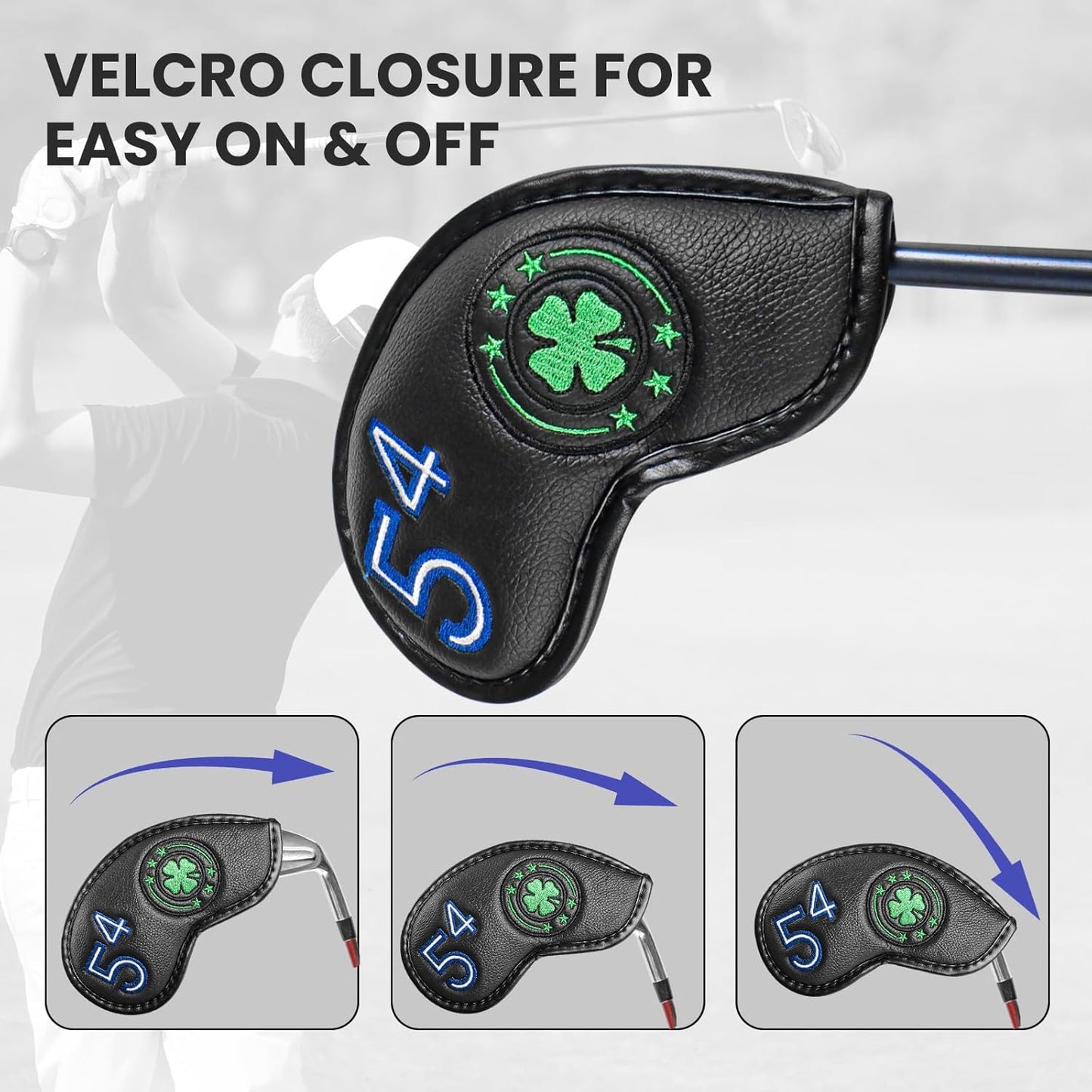 Golf Iron Wedge Head Covers 52° 54° 56° 60° 1 or 4 Pack, Synthetic Leather Clover USA Flag Design Club Head Protection, Universal Headcover Fit Iron Clubs for Men Women