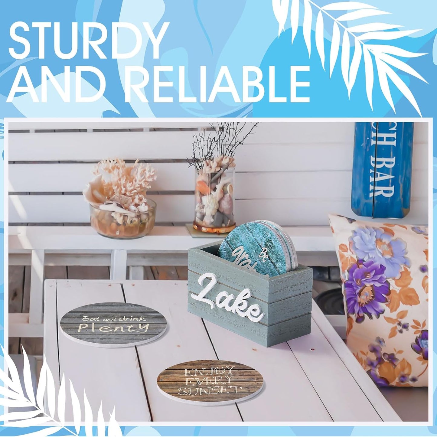 Queekay 6 Set Lake Theme Coasters with Holder for Drinks, Lake House Gifts for Lake Lovers, 4'' Wooden Coasters with Lake Sayings Housewarming Gifts for Home Lake Theme Bar Coffee Table Decorations