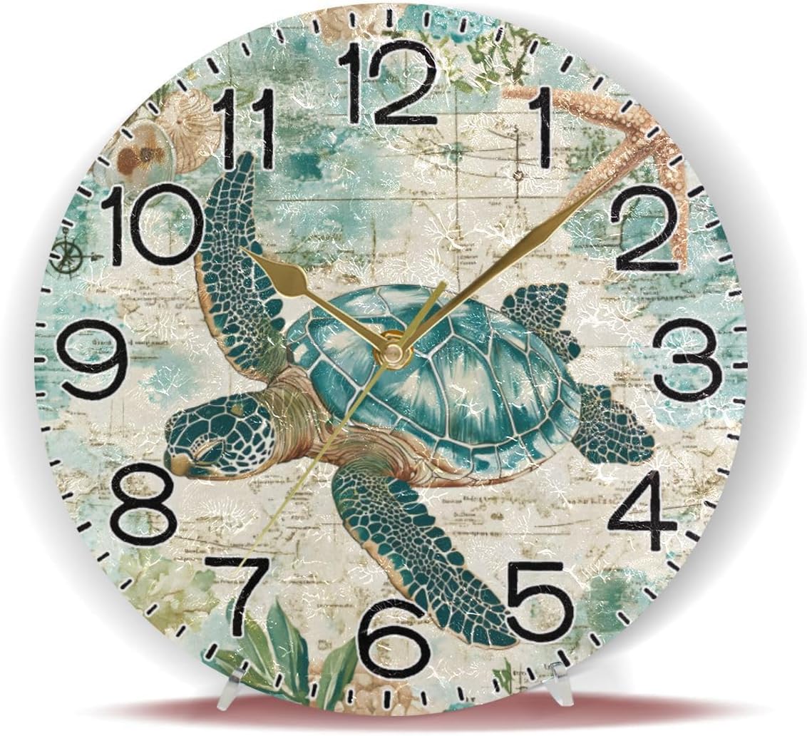 ALAZA Beautiful Sea Turtle Wall Clock Battery Operated Non Ticking Silent Quartz Analog Rustic Farmhouse Round Clock Retro Decor for Home Kitchen Living Room Bathroom