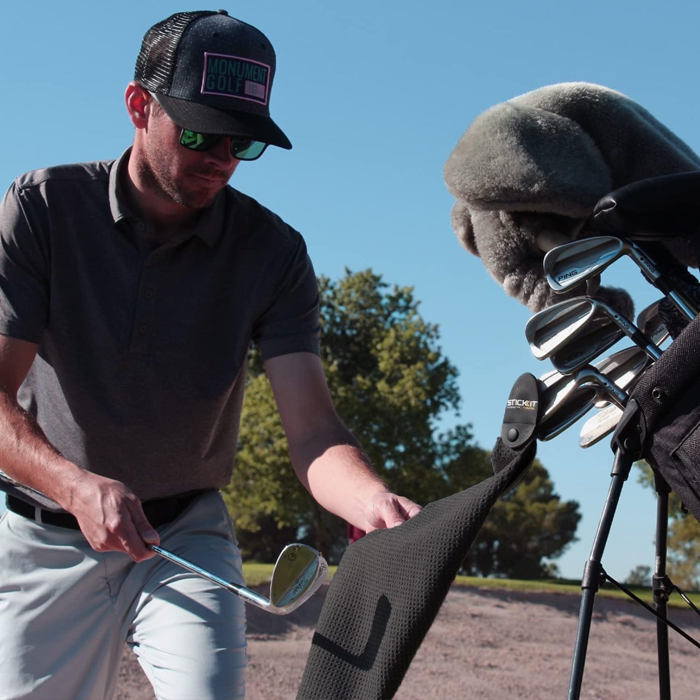 STICKIT Magnetic Towel, Black | 2-Pack | Top-Tier Microfiber Golf Towel with Deep Waffle Pockets | Industrial Strength Magnet for Strong Hold to Golf Carts or Clubs