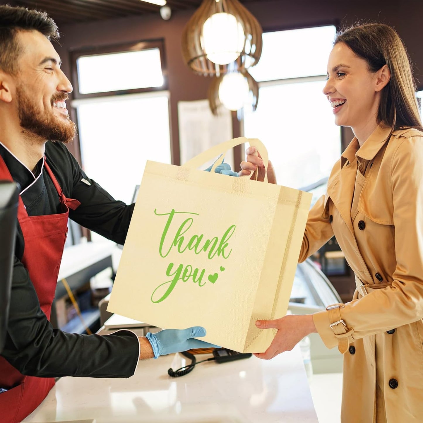 Sweetude 30 Pcs Thank You Gift Bags with Handles Bulk Reusable Goodie Bag Non Woven Foldable Handbag for Graduation Wedding Bridesmaid Gifts(11 x 12 x 5 Inch,Beige)