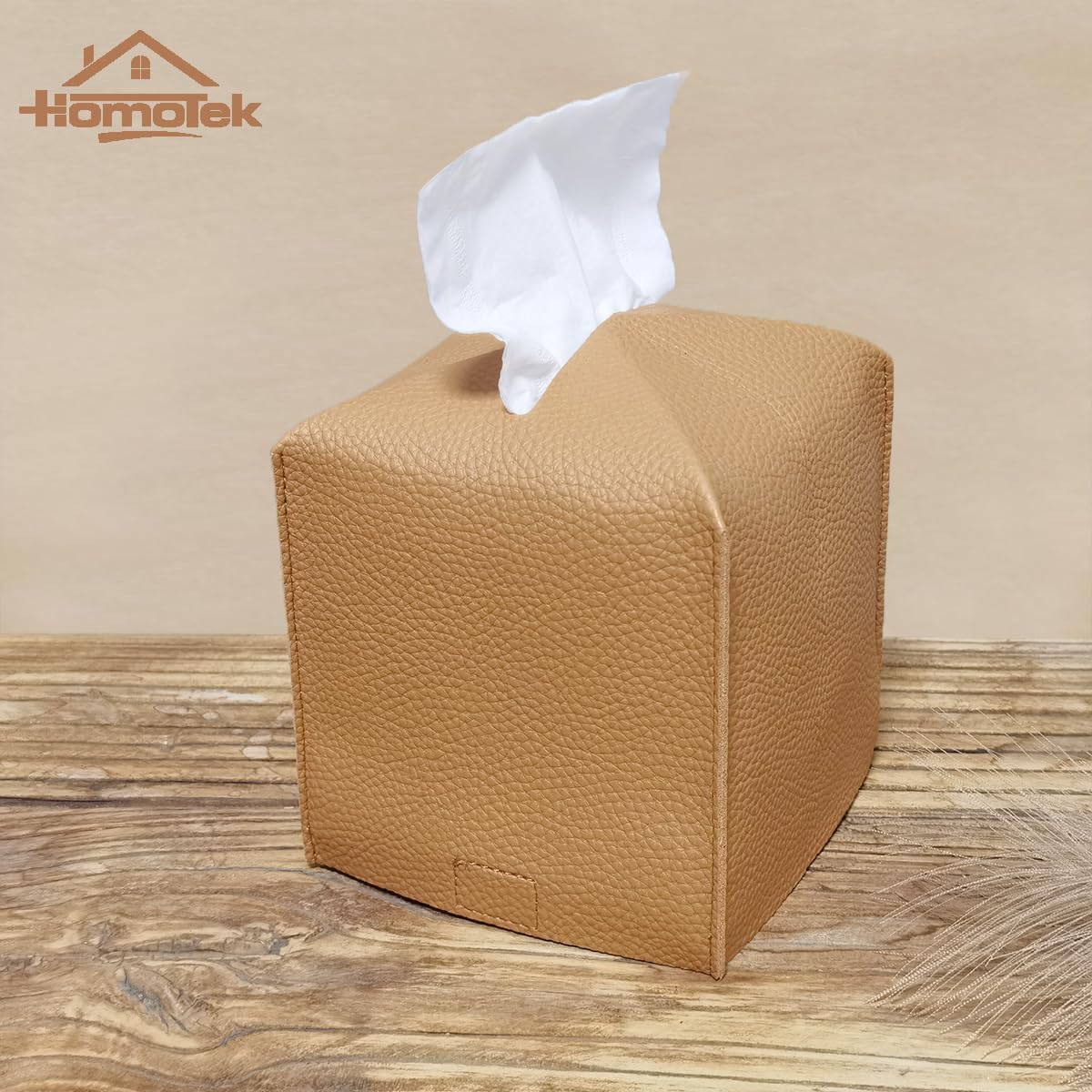 HOMOTEK 2 Pack Tissue Box Cover, Square PU Leather Tissue Holder, Decorative Facial Tissue Cube Paper Organizer Dispenser for Bathroom, Night Stands, Desk, Car 5X5X5'' - Camel, Pebble Grain