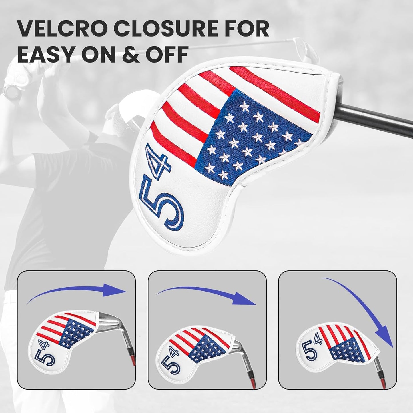 Golf Iron Wedge Head Covers 52° 54° 56° 60° 1 or 4 Pack, Synthetic Leather Clover USA Flag Design Club Head Protection, Universal Headcover Fit Iron Clubs for Men Women