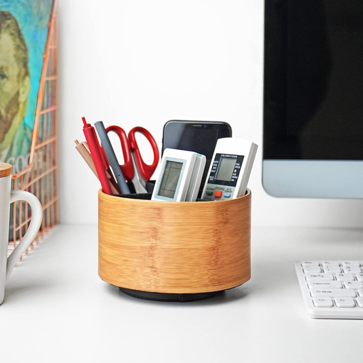 Hennaja Round Leather Art Supply Organizer,Remote Control Holder,360 Degree Spinning,Multi-Functional Pencil Holder,4 Compartments Desktop Stationary Organizer(1-Beige2)