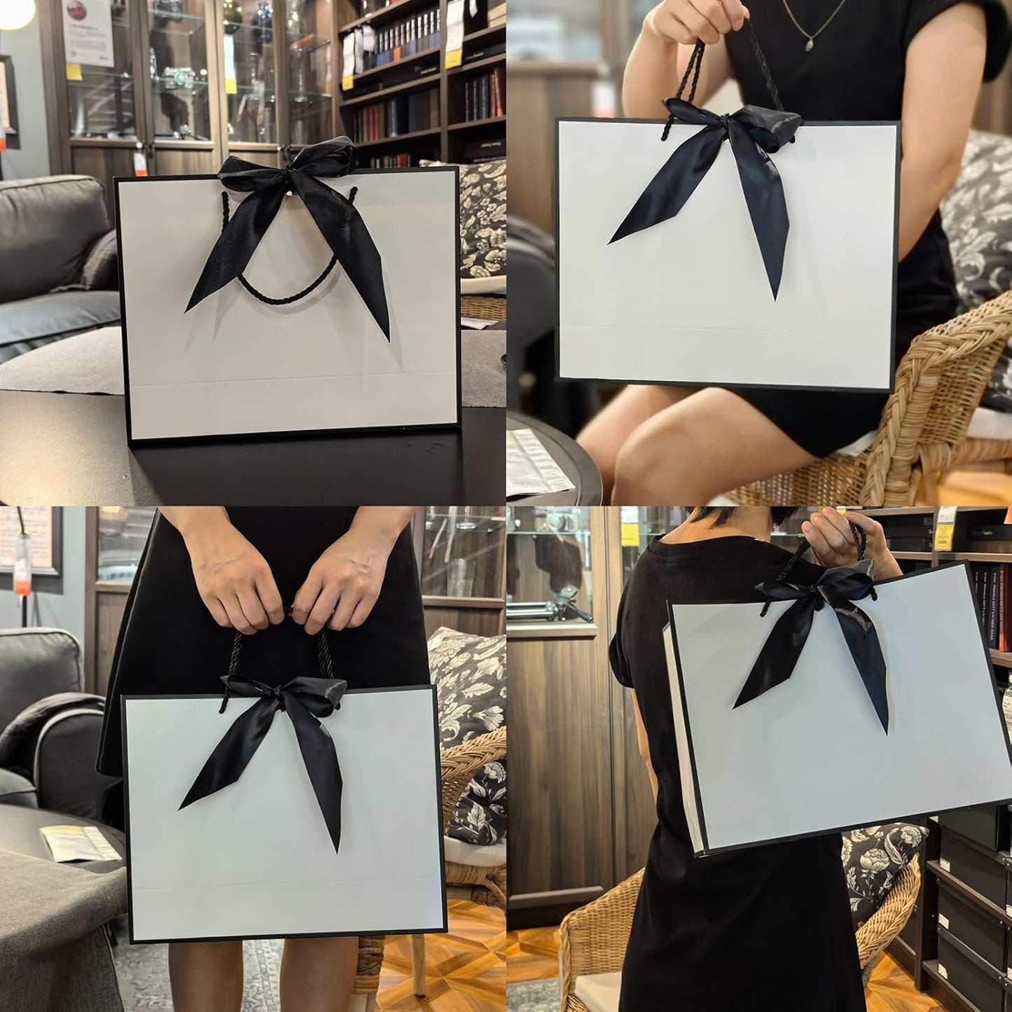 TKSBAG 12PCS Gift Bags Medium Size with Handles, 12.5 x 9.8 x 4.3 In White Black Thank You Bags with Bow Ribbon for Wedding, Birthday, bridesmaid, Groomsmen, Party Favors, Thanksgiving, Christmas