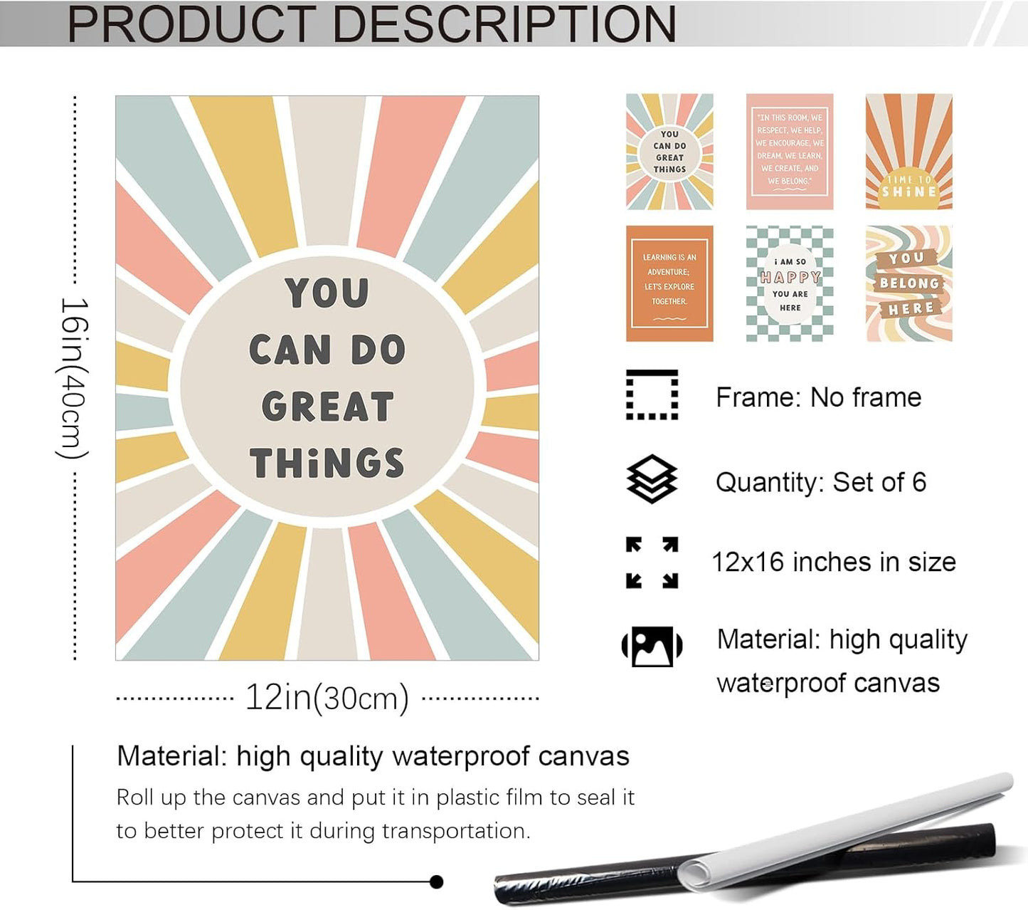 Set of 6 Boho Inspirational Classroom Posters, Positive Affirmations Growth Mindset Canvas Wall Art, Modern Classroom School Posters Wall Decor, Bulletin Board Educational Decor 12x16in Unframed