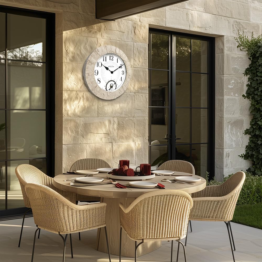 Presentime & Co 14" Illuminated in/Outdoor Clock with Smart Sensor and Night Light, Waterproof, Large Wall Clock with Thermometer & Hygrometer, for Garden and Patio - Coastal Sandstone Finish.