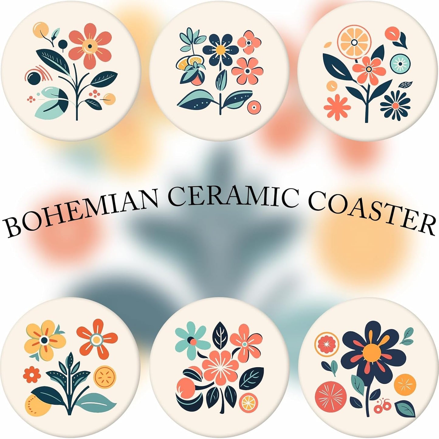 Boho Set of 6 Coasters for Drinks Absorbing Round Ceramic Stone Coaster with Cork Base,Tabletop Protection Mat for Mugs and Cups,Office,Kitchen (Boho Flower)