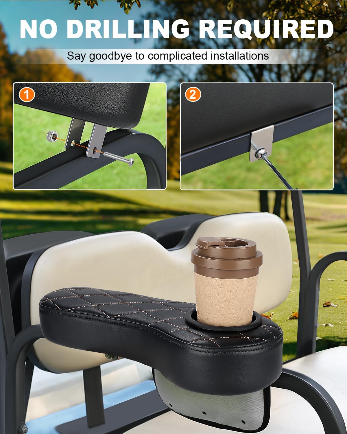 Golf Cart Armrest with Cup Holder & Rear Seat Organizer, No Drilling Golf Cart Diamond Arm Rest Fits 1" Square Tube Frame Compatible with EZGO Club Car Yamaha, Enhanced Storage & Comfort