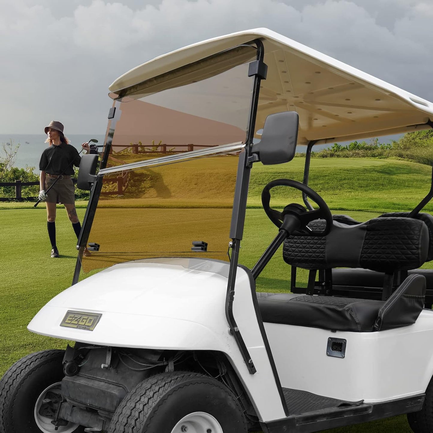 XUANYUDG0769 Golf Cart Front and Rear Seat Covers for EZGO TXT/RXV Club Car DS/Precedent Yamaha G29, Vinyl Leather Made/Adjustable Straps and Retractable Buckle/No Stapler Required,4PCS