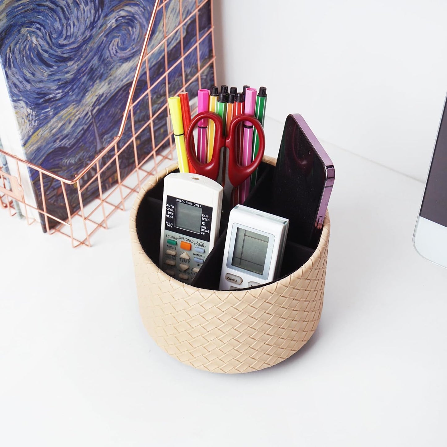 Hennaja Round Leather Art Supply Organizer,Remote Control Holder,360 Degree Spinning,Multi-Functional Pencil Holder,4 Compartments Desktop Stationary Organizer(1-Weave Khaki)