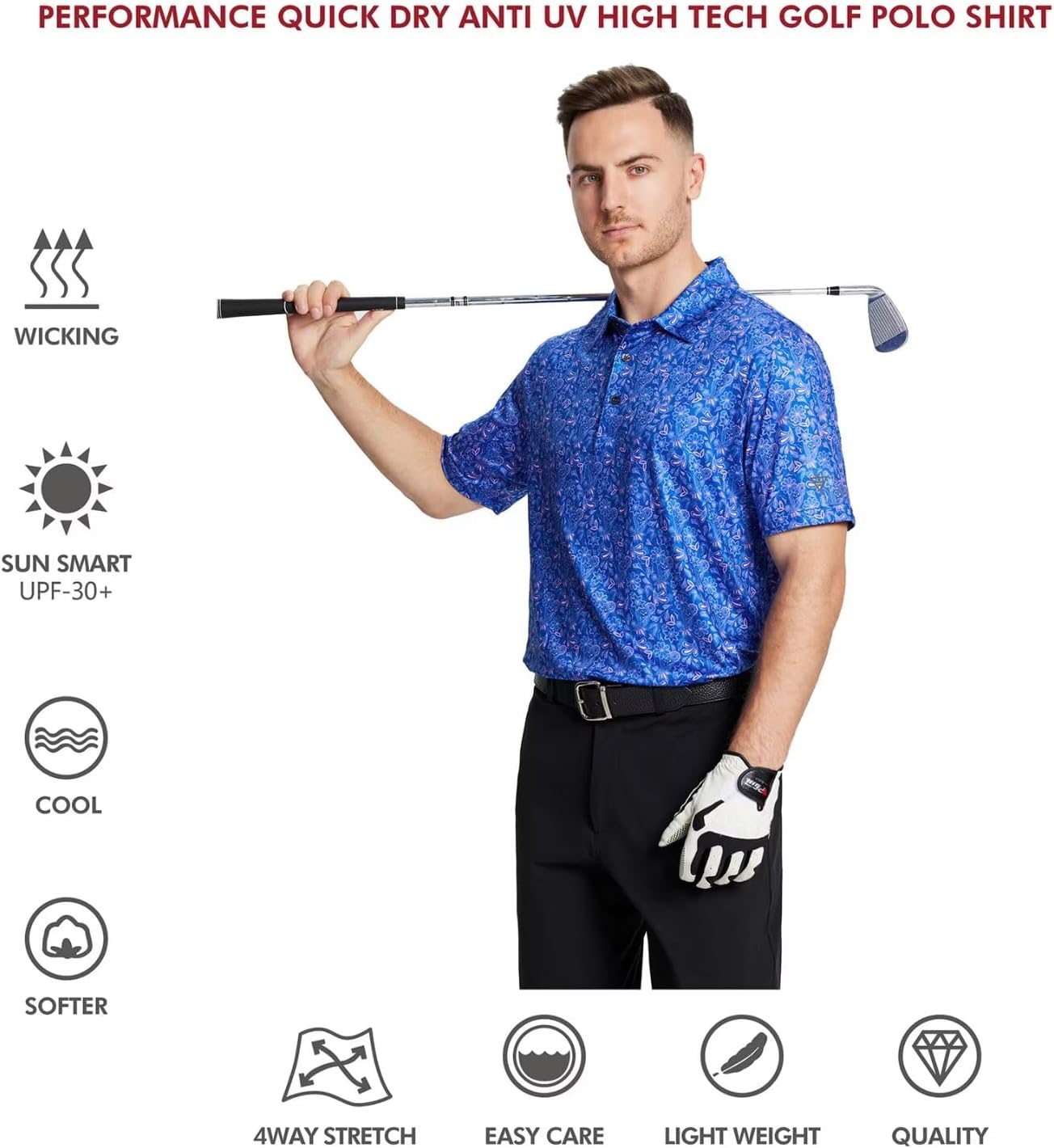Golf Shirts for Men Dry Fit Short Sleeve Print Performance Moisture Wicking Polo Shirt