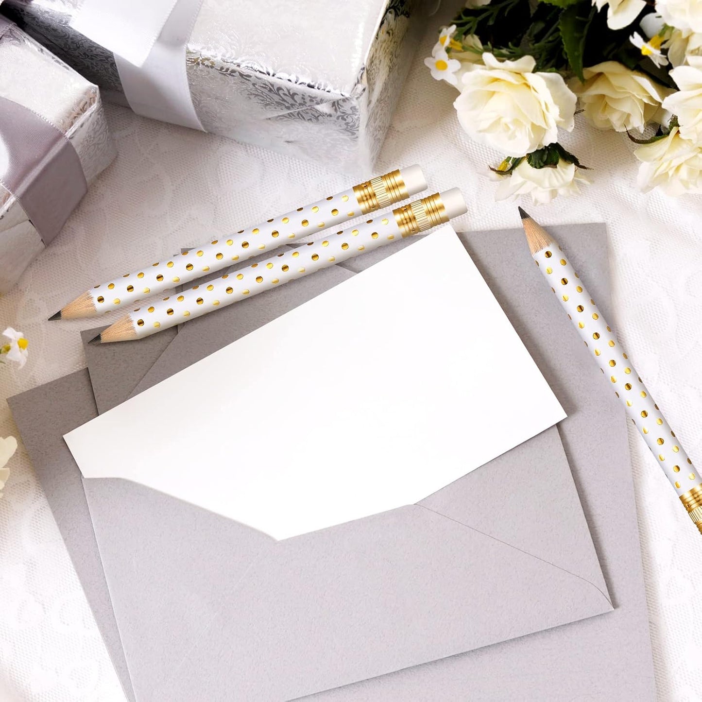 Crtiin 50 Pcs Mini Golf Pencils with Eraser Pre Sharpened 4 Inch Pocket Half Pencils for Bridal Shower Baby Shower Wedding Game School Office Supplies Party Favors Prize Gift(White and Gold,Dot)