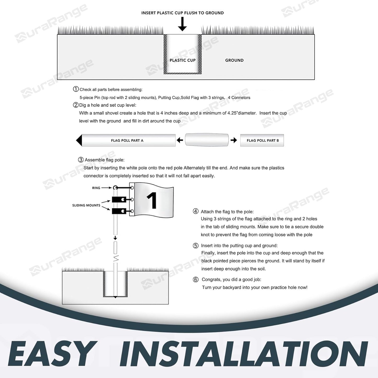 Golf Flagstick 6ft, 5-Section Design, ABS Hole Cup, 420D Nylon Flag for Backyard Practice Putting Green | Driving Range | Country Club, Gift for Golf Lovers