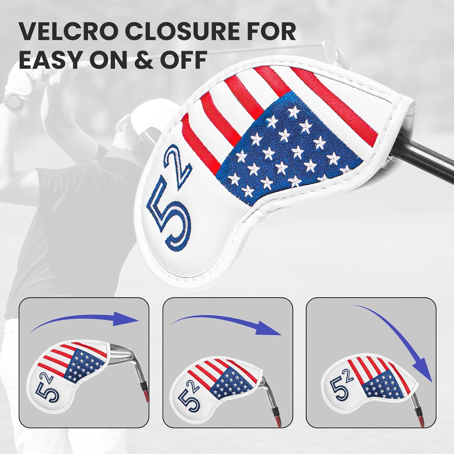 Golf Iron Wedge Head Covers 52° 54° 56° 60° 1 or 4 Pack, Synthetic Leather Clover USA Flag Design Club Head Protection, Universal Headcover Fit Iron Clubs for Men Women
