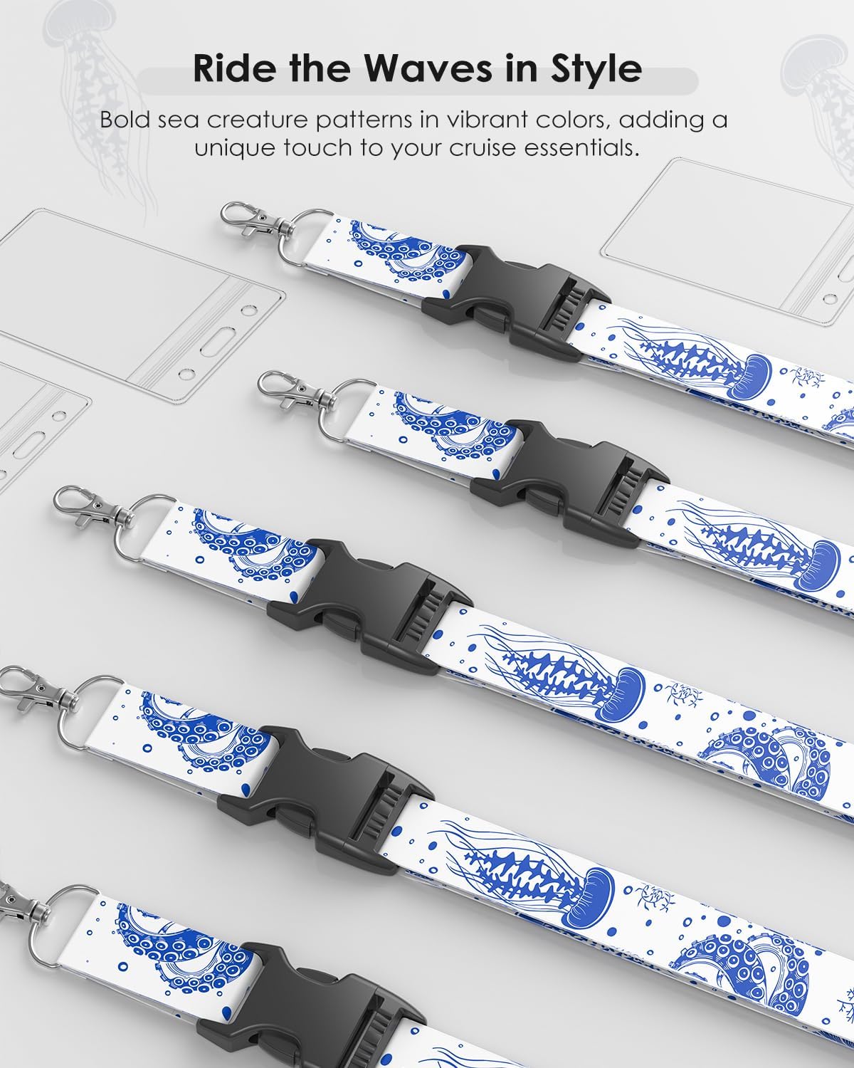 5 Pack Cruise Lanyards with Ocean Creature Design, Cruise Ship Lanyards with Waterproof ID Badge Holders for All Cruise Lines 2025, White