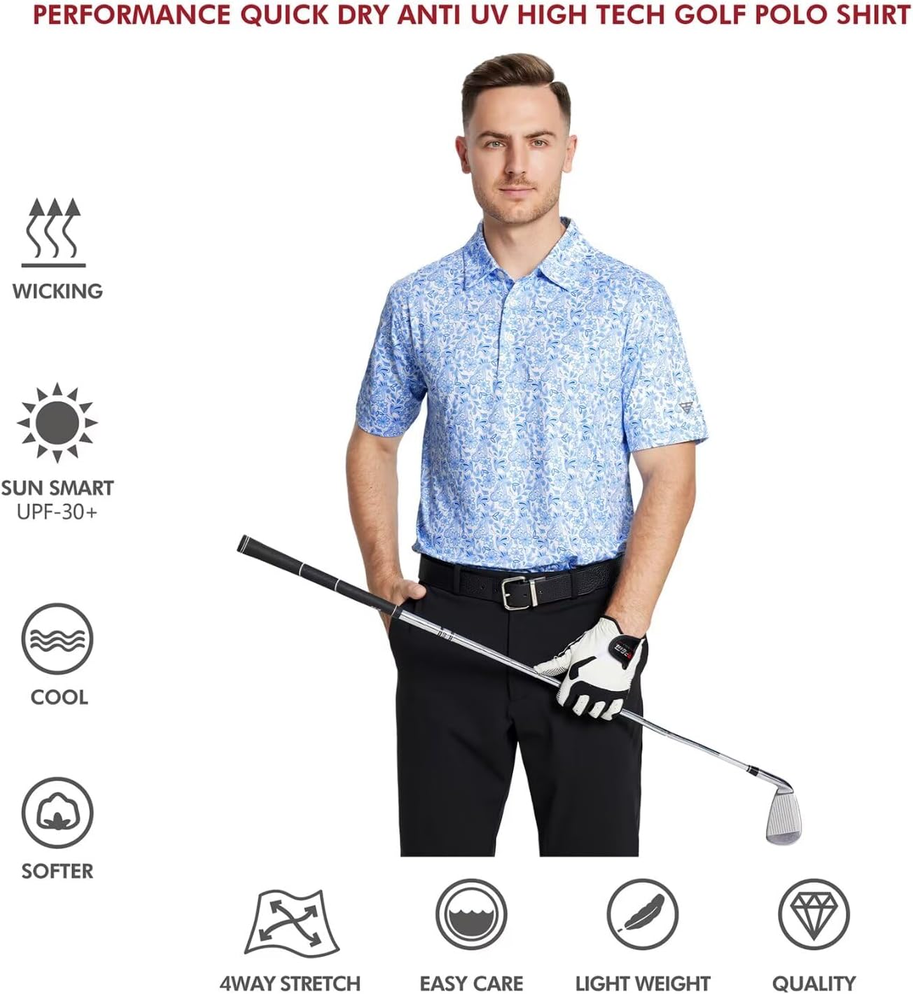 Golf Shirts for Men Dry Fit Short Sleeve Print Performance Moisture Wicking Polo Shirt