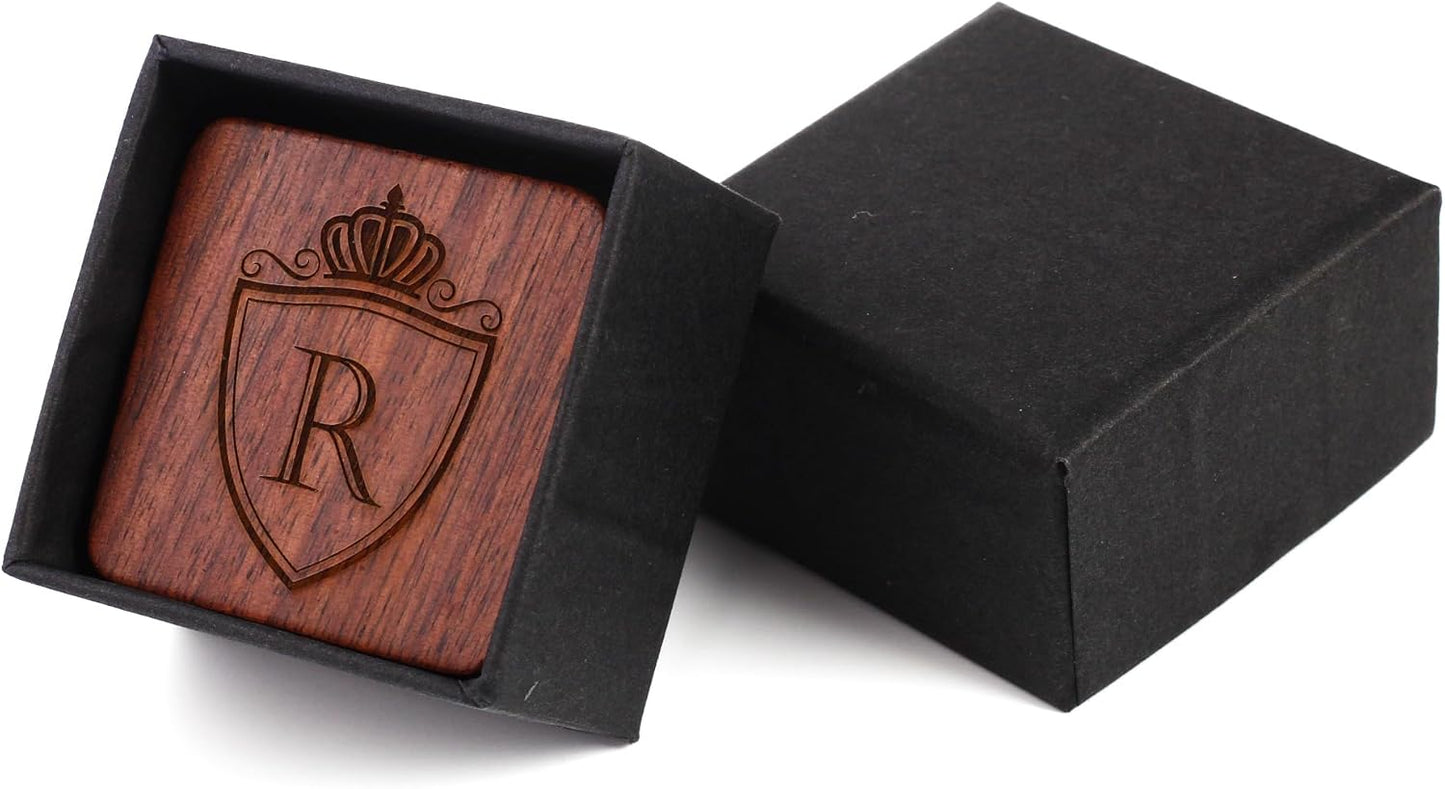 Mens Initial Silver Cufflinks A-Z Alphabet Letter Steel Cuff Links with Engraved Walnut Wood Box Groom Groomsman Wedding Set…