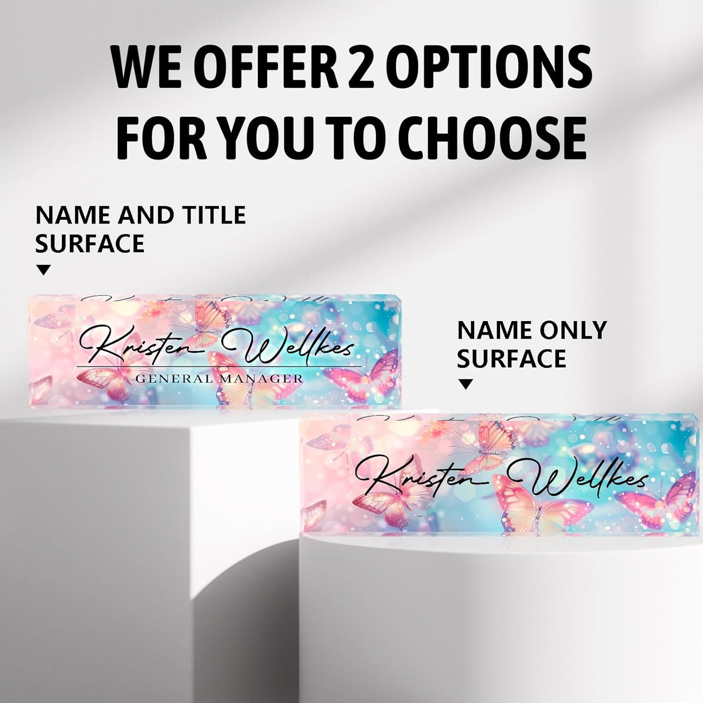 Personalized Name Plate for Desk Custom Acrylic Desk Name Plate Custom Employee Appreciation Gifts Office Gifts for Women, Men, Boss, Coworkers, Teacher, Nurse (Pink-Blue Butterfly)