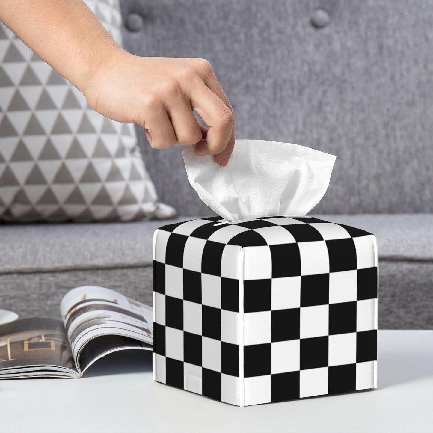 Black and White Checkerboard Tissue Box Cover Square,Square Grid Checkered Tissue Box Holder Waterproof Leather Facial Paper Organizer Dispenser for Bathroom Home Car Nightstand Vanity Desk