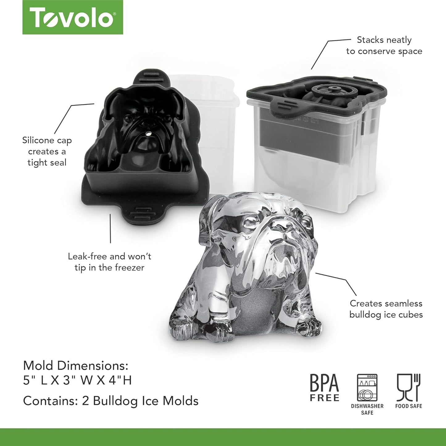 Tovolo Bulldog Shaped Ice Molds, Set of 2 - Large Ice Mold Gift Ideal for Dog Lovers - Unique Ice Mold Chills Drinks - Odor-Free Freezer Storage, Dishwasher-Safe with Silicone Plunger