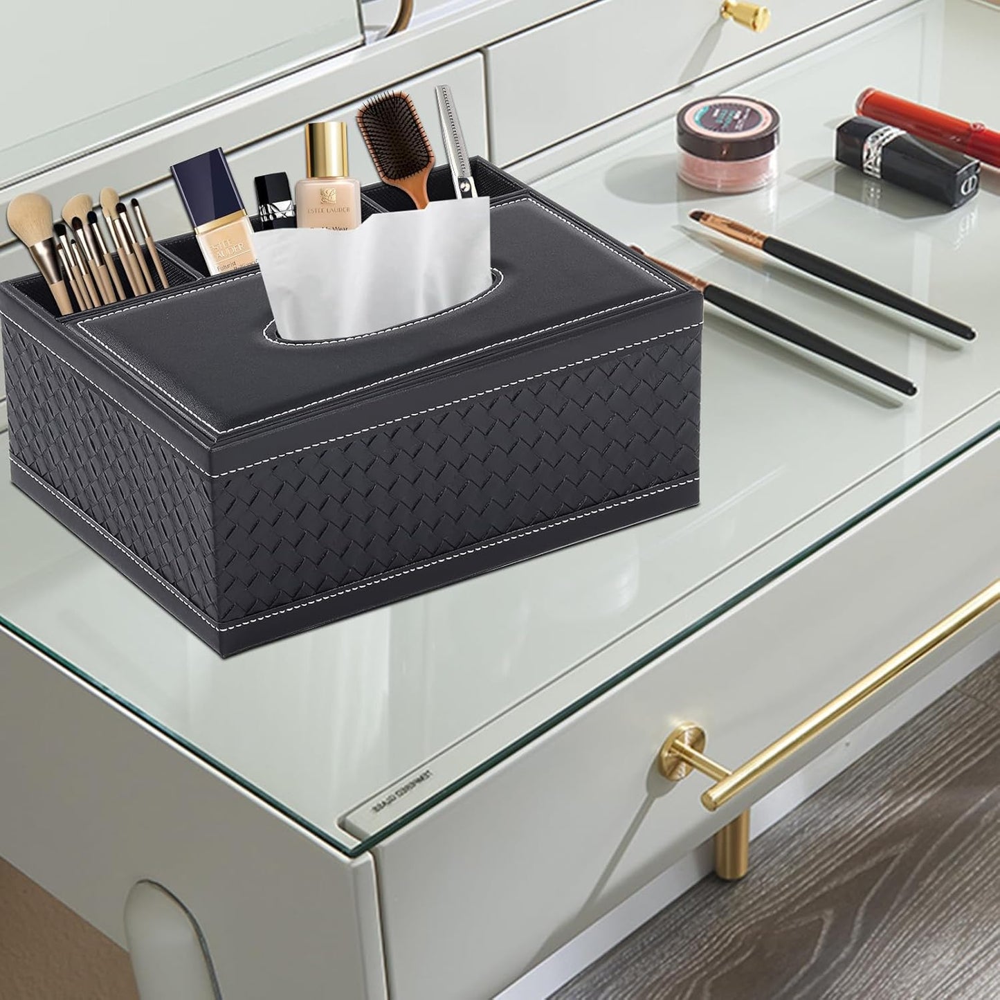 Tissue Box Cover Rectangle Black Tissue Box Holder PU Leather Facial Tissue Organizer,Multifunctional Remote Control Stationery Storage Box,Home Office Supplies Car Napkin Caddy