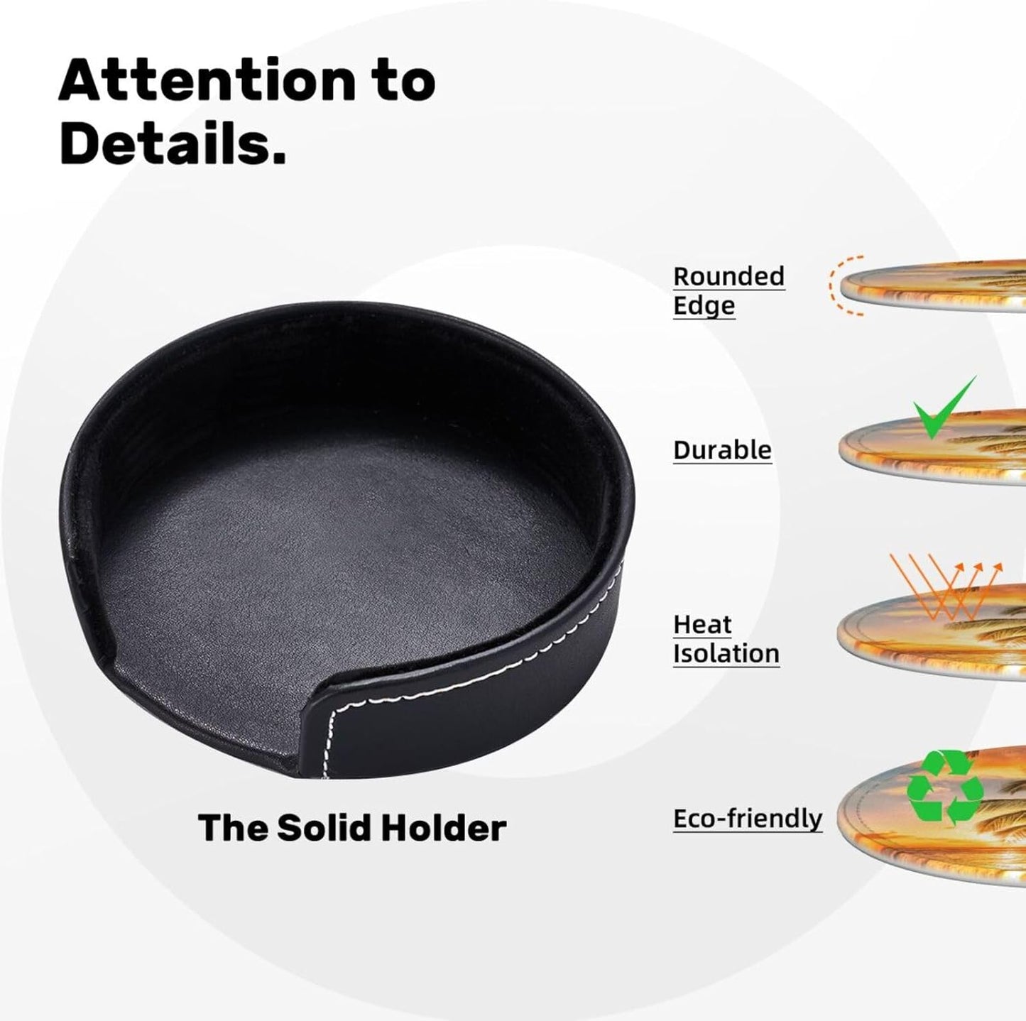 Sunset Palm Tree Tropical Beach Coasters for Drinks Round Leather Coaster with Holder Set of 6 for Tabletop Protection Desk Accessories Office Home Room Decor