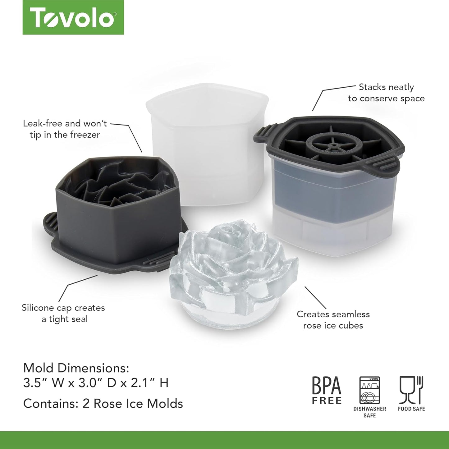 Tovolo Rose Shaped Ice Molds, Set of 2 - Large Romantic Ice Mold Gift - Unique Ice Mold Chills Drinks - Odor-Free Freezer Storage, Dishwasher-Safe with Silicone Plunger