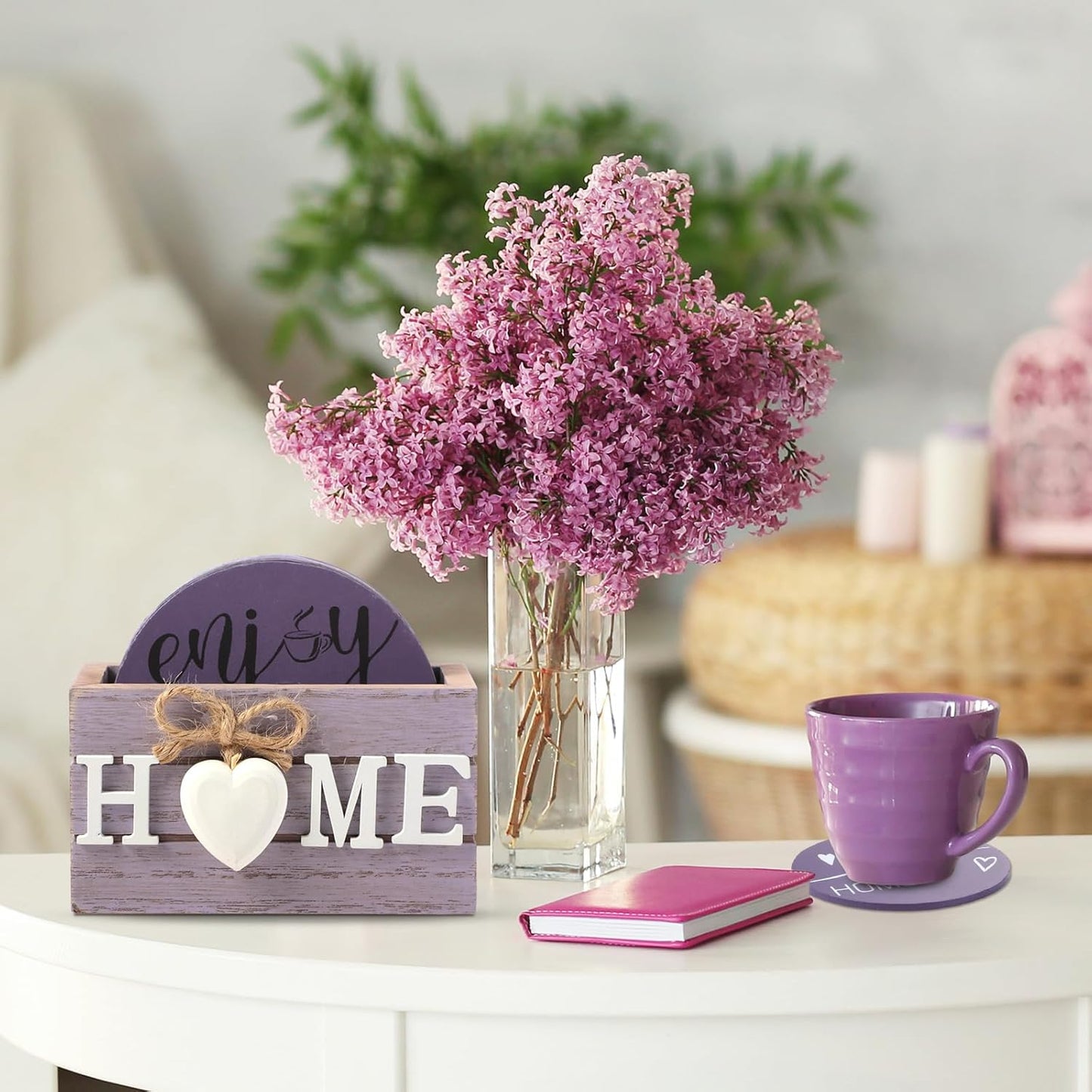 Queekay Housewarming Gifts for Home Decoration Wooden Heart Coasters for Drinks 6 Set Farmhouse Coasters with Holder Funny for Family Coffee Table Protection, 4''(Purple)