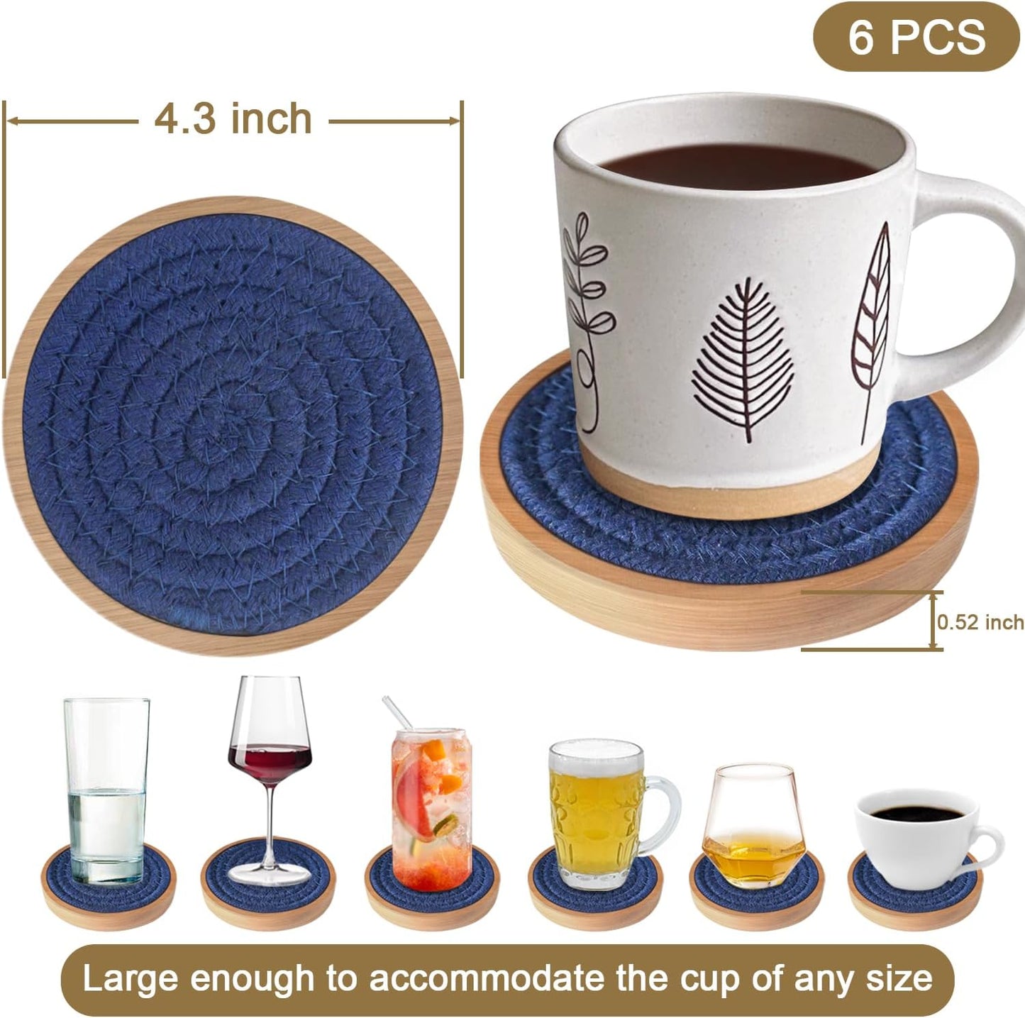 6 Pack Coasters for Drinks Absorbent, Wooden Coasters for Coffee Tables, Cup Mat for Kitchen, Farmhouse, Bar, and Office 4.3 inches (Dark Blue)
