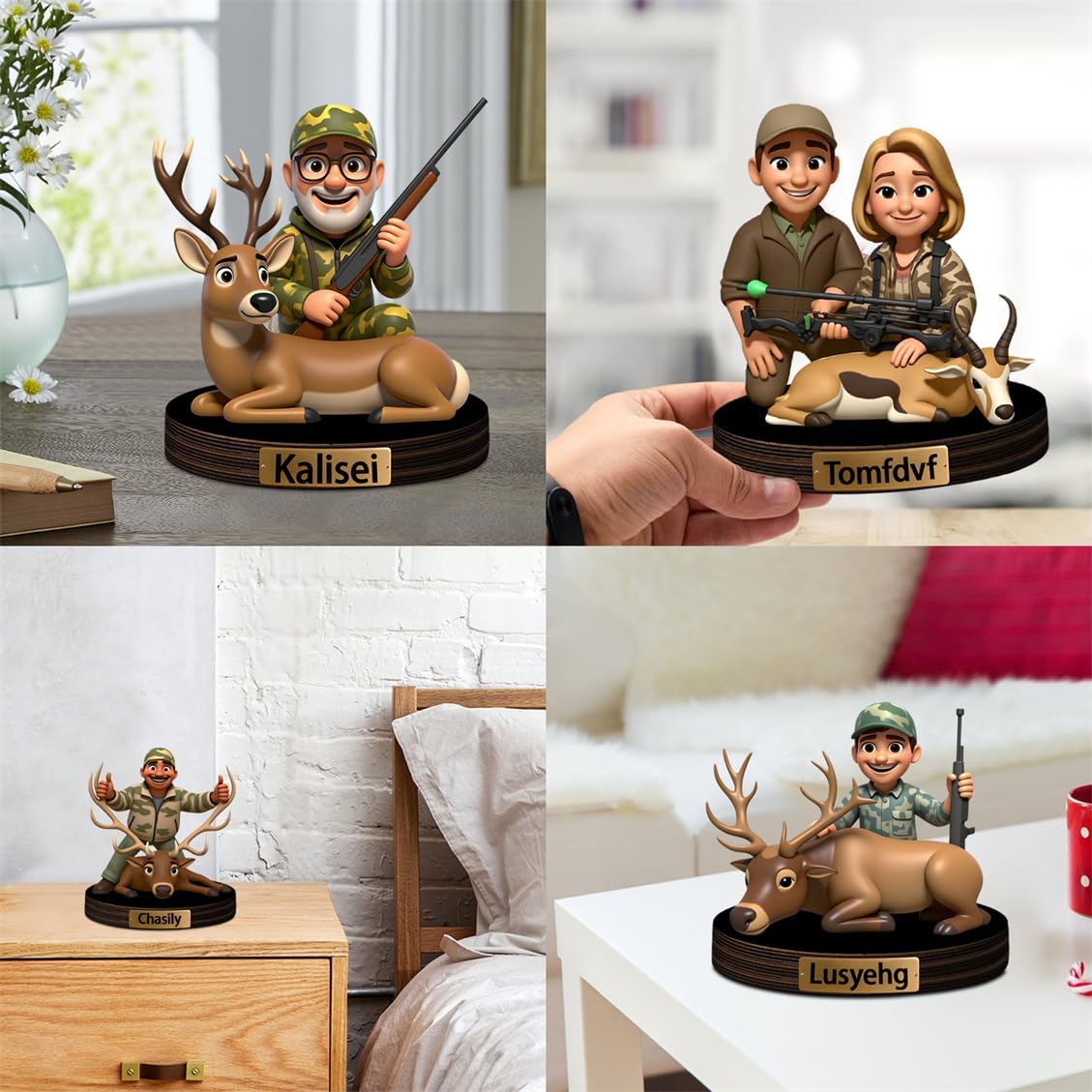 Personalized Hunter Cartoon Desktop Decor Custom 2D Deer Elk Portrait Figurine Plaque with Name Hunting Deer Acrylic Sculpture Desk Sign Ornament for Men Women Family Couple Christmas Birthday