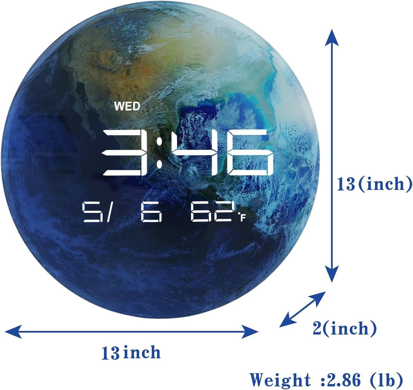 13" Digital Wall Clock with LED Display, Calendar & Temperature, Automatic Dimming, 12/24hr Format, USB Powered, Wall & Desk Use - HUI-7859