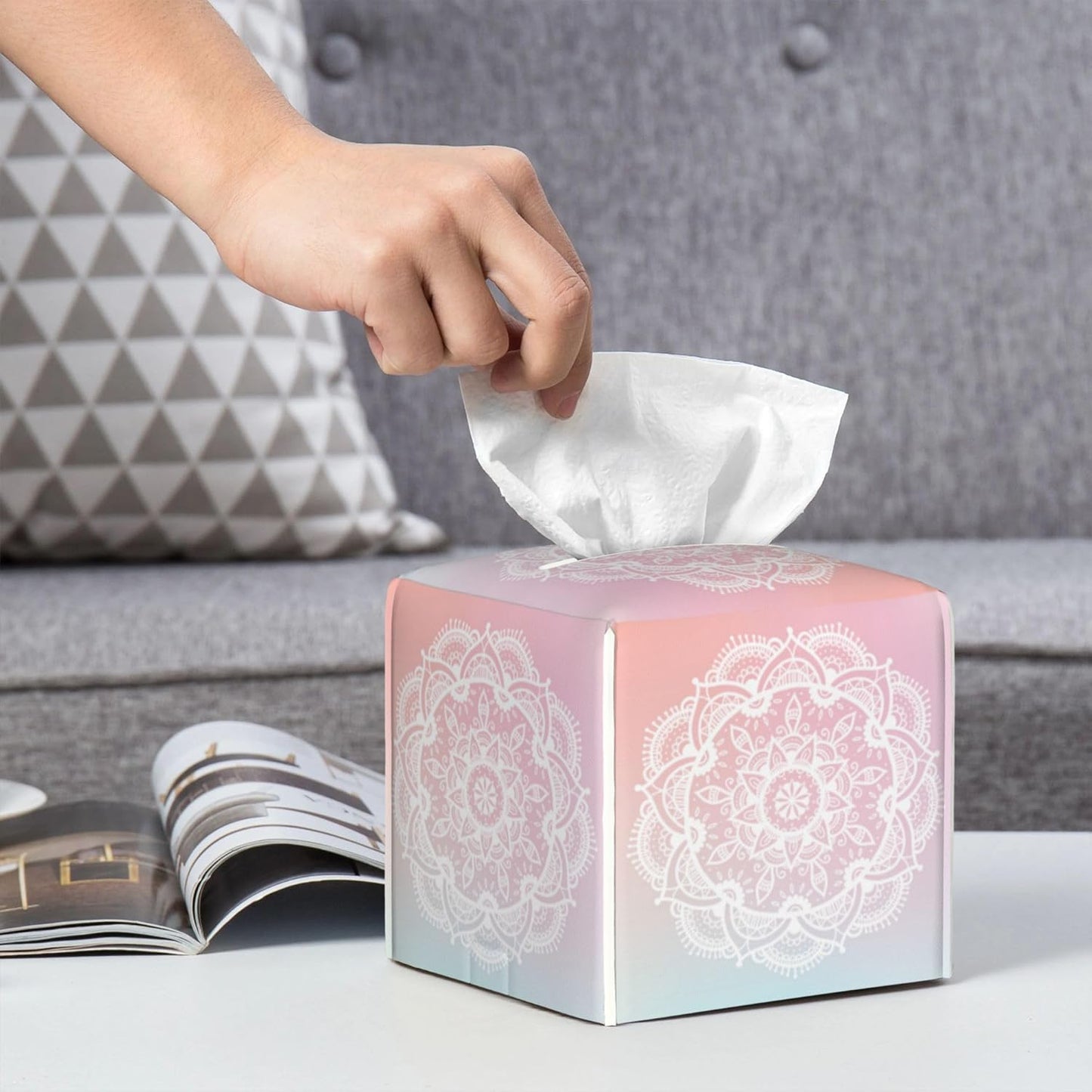 Pink Boho Mandala Flower Tissue Box Cover Square,Abstract Mandala Floral Tissue Box Holder Waterproof Leather Facial Paper Organizer Dispenser for Bathroom Home Car Nightstand Vanity Desk
