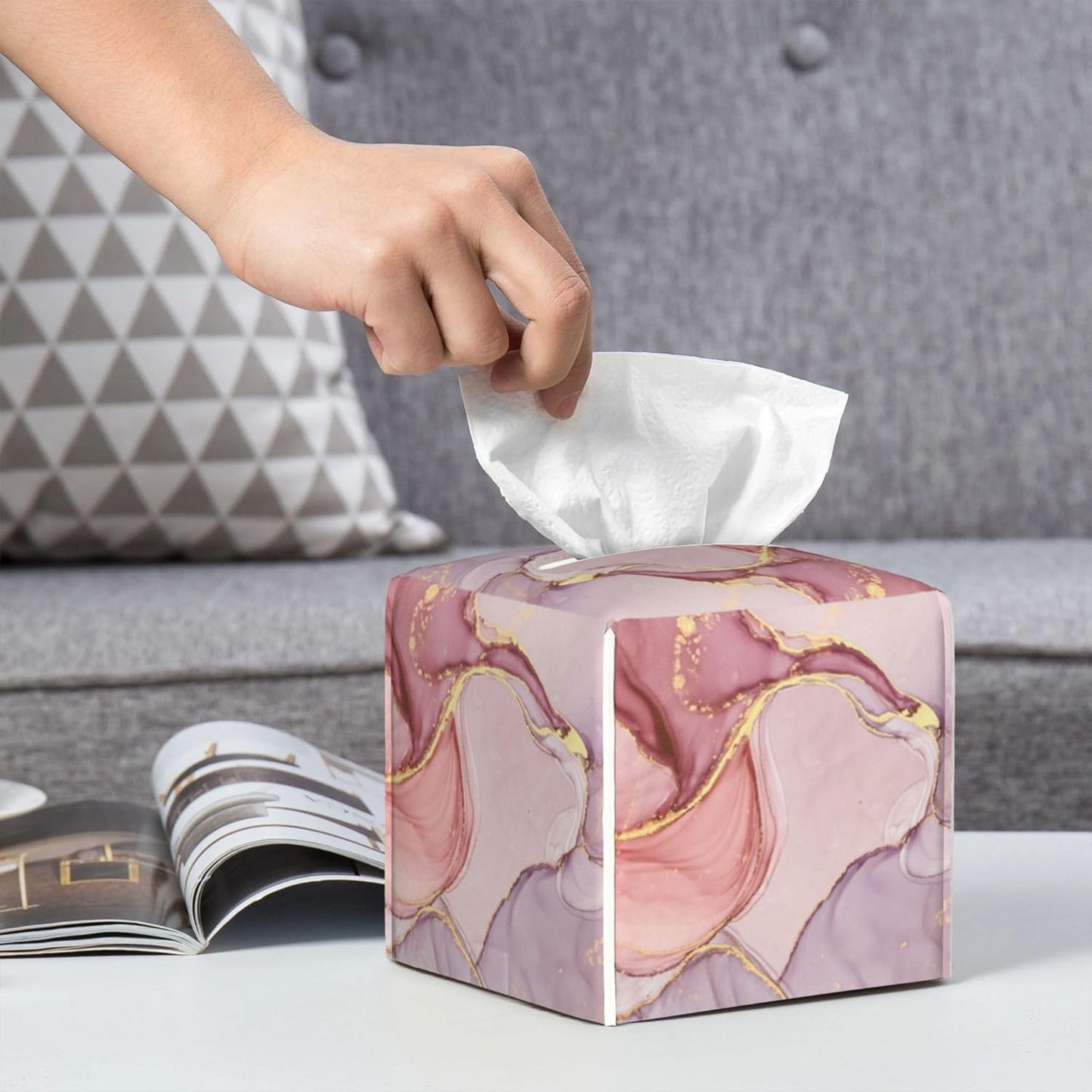 Pink Gold Liquid Marble Tissue Box Cover Square,Modern Marble Texture Tissue Box Holder Waterproof Leather Facial Paper Organizer Dispenser for Bathroom Home Car Nightstand Vanity Desk