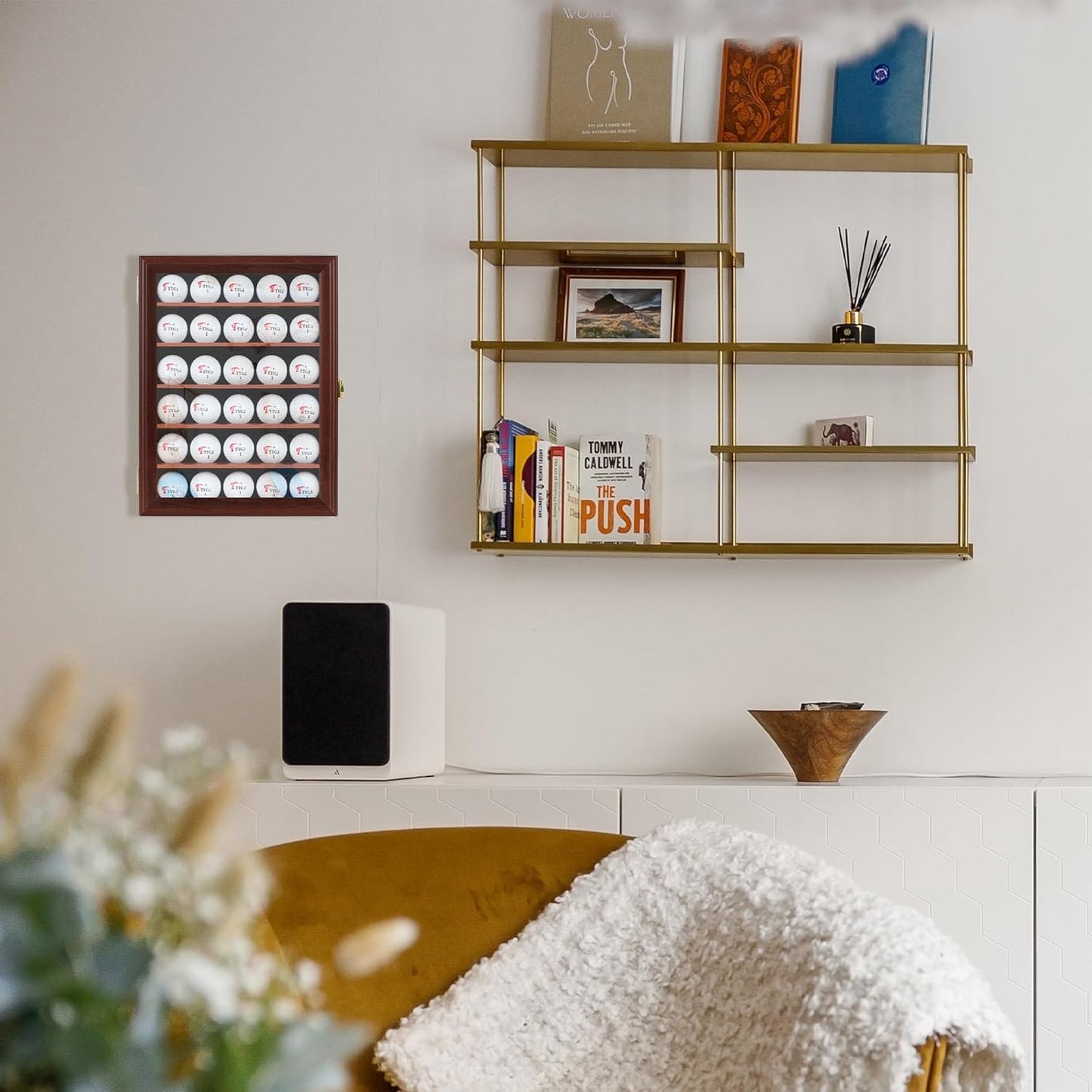 Golf Ball Display Case for 30 Golf Balls, Display Cabinet Great Golfer Memorabilia Gift for Golf Enthusiasts, for Hole-in-1 Display, Wall Mount with Lockable Door Black