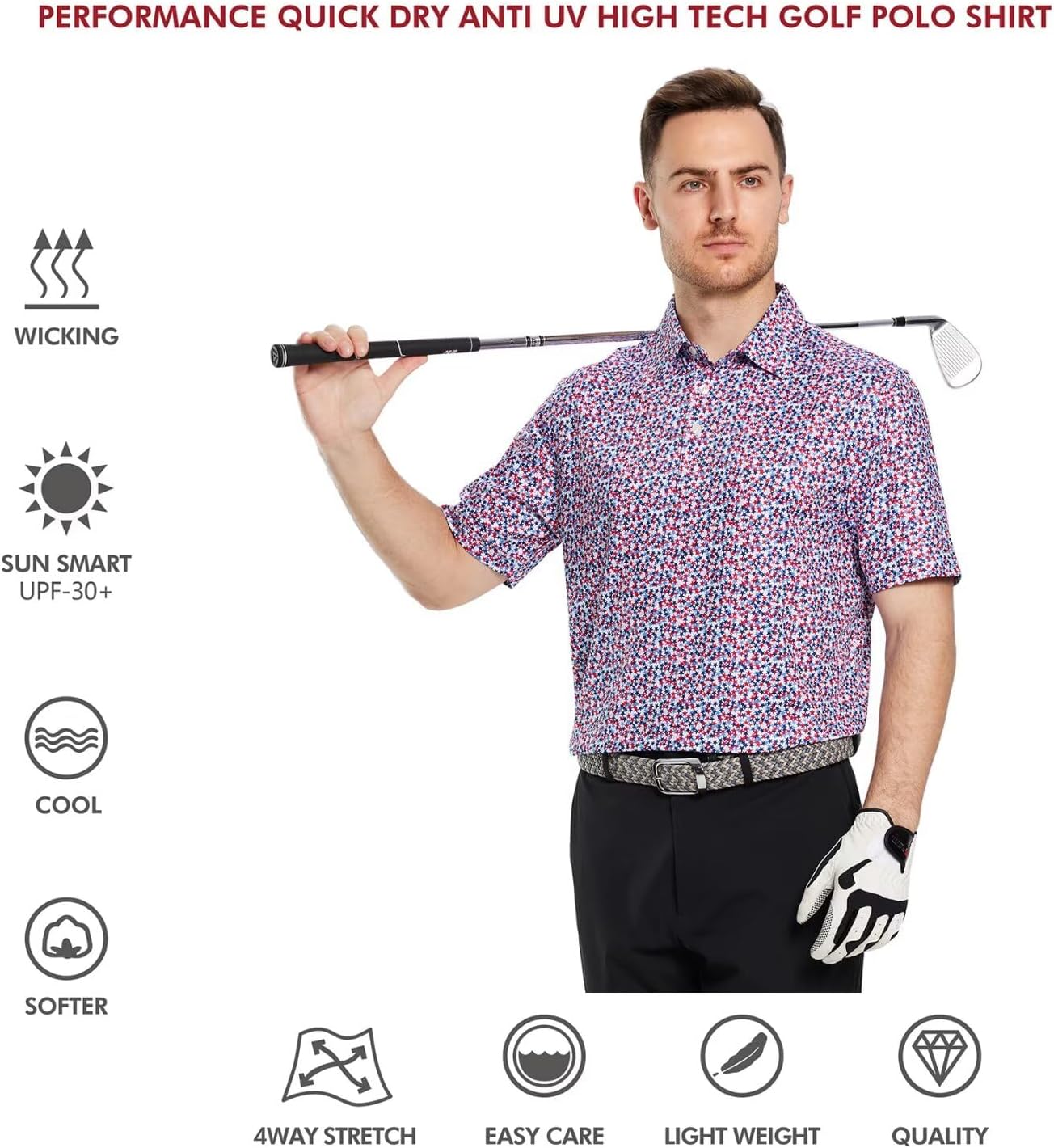 Golf Shirts for Men Dry Fit Short Sleeve Print Performance Moisture Wicking Polo Shirt