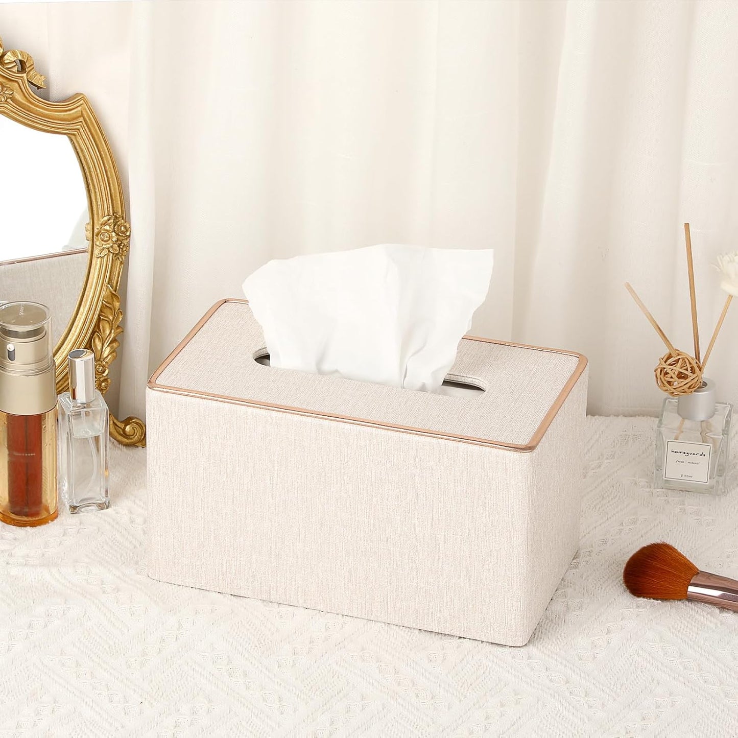 Sumnacon Rectangular Linen Tissue Box Cover - Stylish Tissue Box Holder with Magnetic Bottom, Decorative Tissue Box for Bathroom Toilet Vanity Night Stand Table Countertop Office, Beige Linen Texture