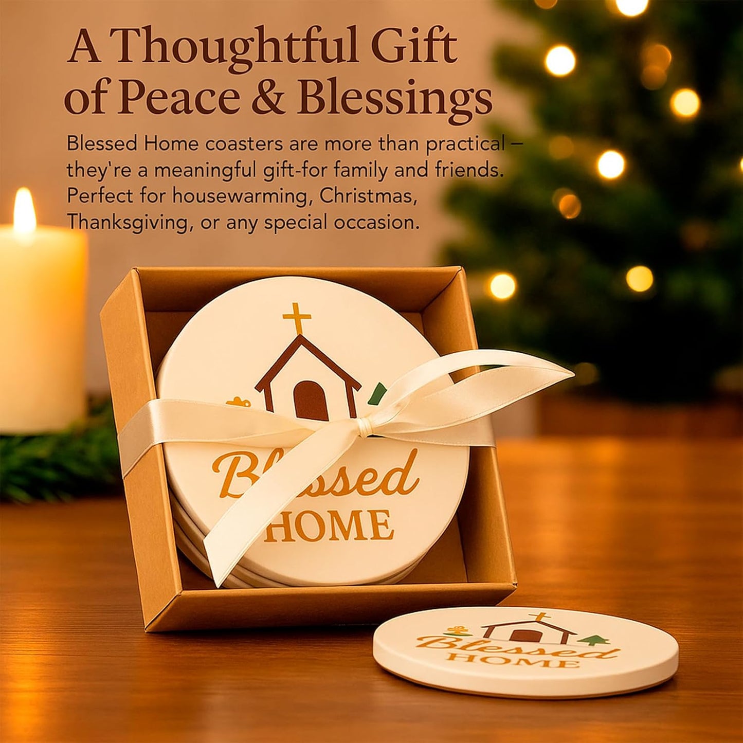 Blessed Home Christian Absorbent Ceramic Coasters Set of 4 with Non-Slip Cork Backing, Religious Faith Stone Drink Coasters for Coffee Table, Kitchen, Dining Room, Housewarming, Church Decor