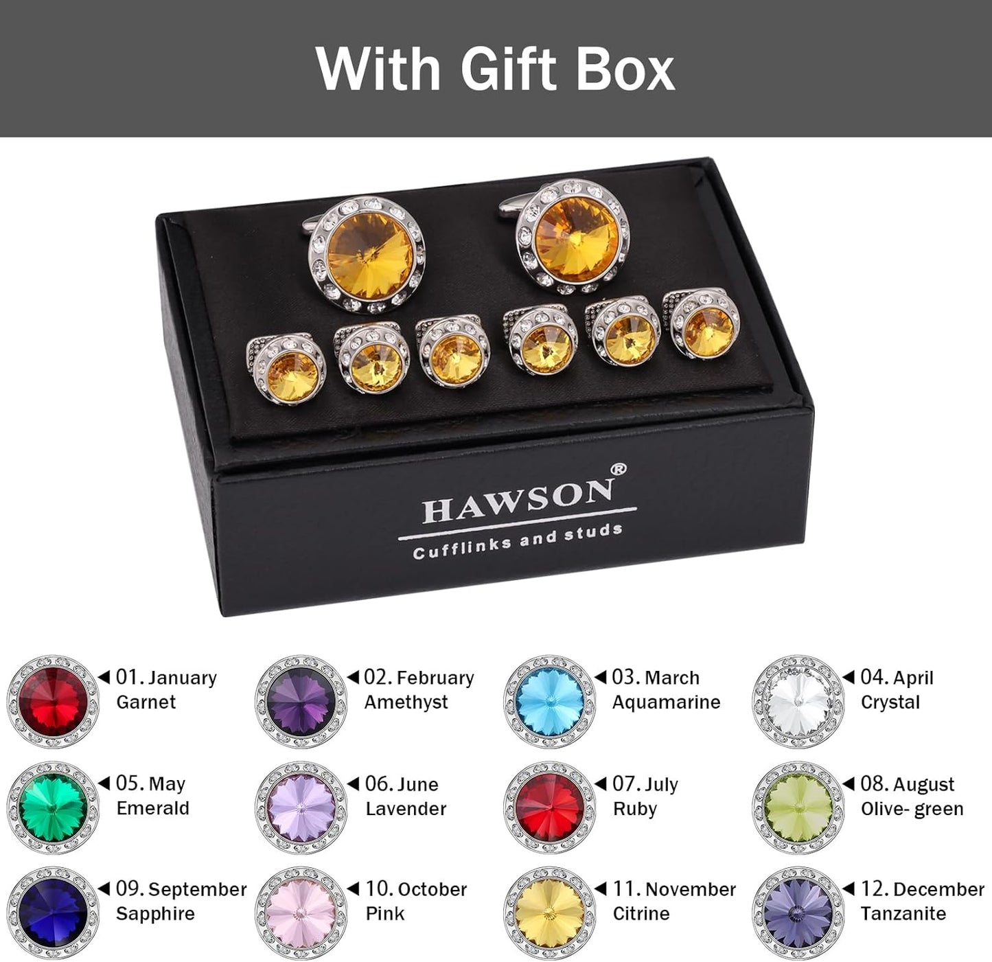 HAWSON Birthstone Tuxedo Studs and Cufflinks Set for Men's Suit Tuxedo Formal Dress Shirt Wedding Business Party Accessories