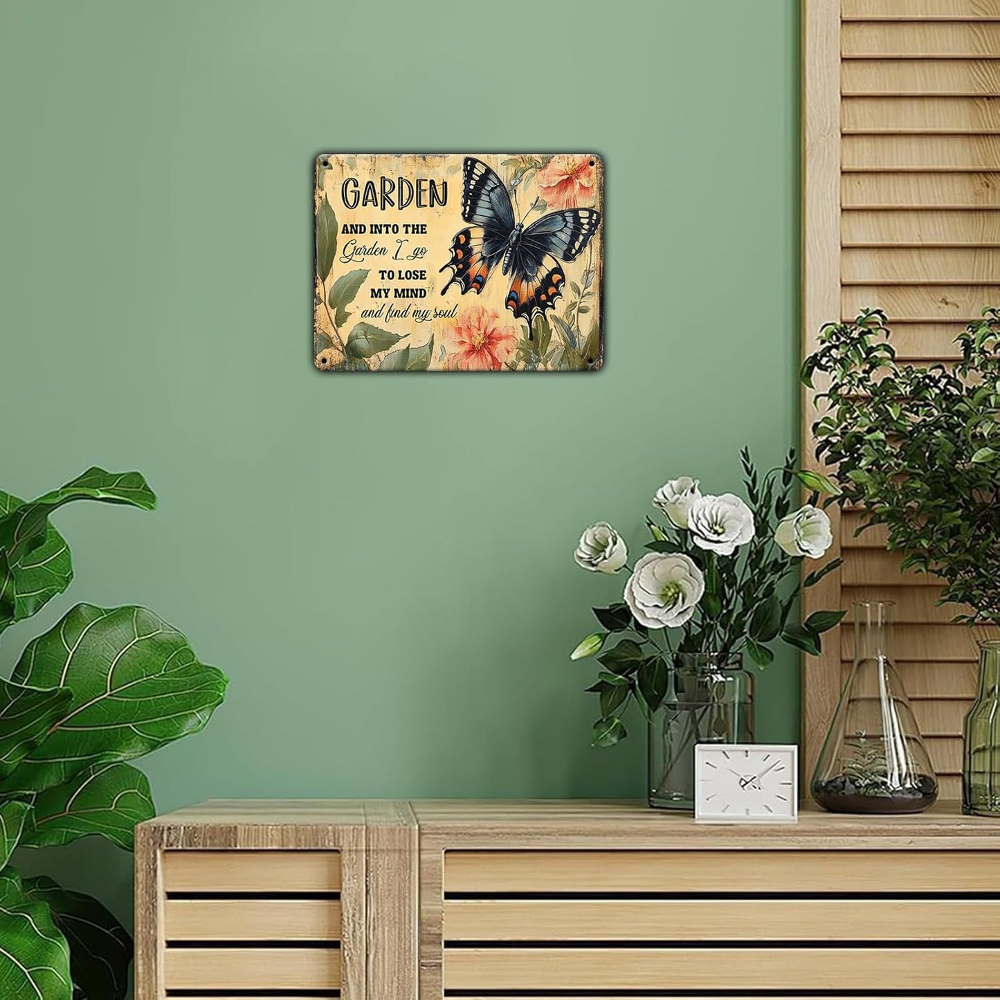 Funny Garden Metal Sign And Into The Garden I Go To Lose My Mind and Find My Soul Butterfly Poster for Farmhouse Home Kitchen 12x16 Inch